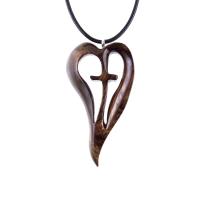 Women Cross Necklace, Wooden Heart Pendant, Hand Carved Wood Cross Necklace, 5th Anniversary Gift for Her, Christian Jewelry