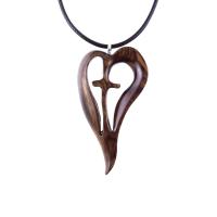 Women Cross Necklace, Wooden Heart Pendant, Hand Carved Wood Cross Necklace, 5th Anniversary Gift for Her, Christian Jewelry