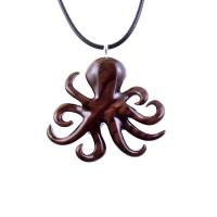 Octopus Necklace, Hand Carved Wooden Octopus Pendant, Nautical Kraken Wood Jewelry