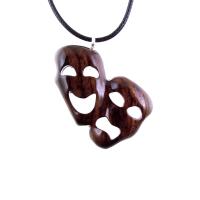 Hand Carved Comedy Tragedy Mask Necklace, Wooden Mask Pendant, Drama Necklace for Men or Women, Theatre Wood Jewelry