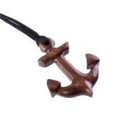 Hand Carved Wooden Anchor Pendant, Mens Wood Necklace, Handmade Nautical Jewelry Gift for Him