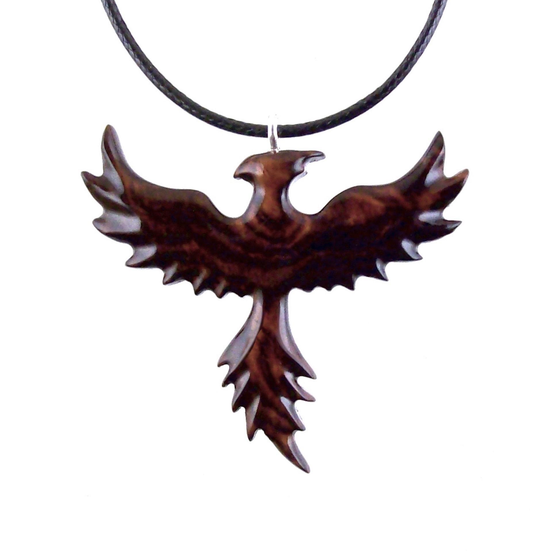 Hand Carved Phoenix Necklace, Wooden Rising Phoenix Pendant for Men or Women, Wood Firebird Necklace, Fantasy Inspirational Jewelry