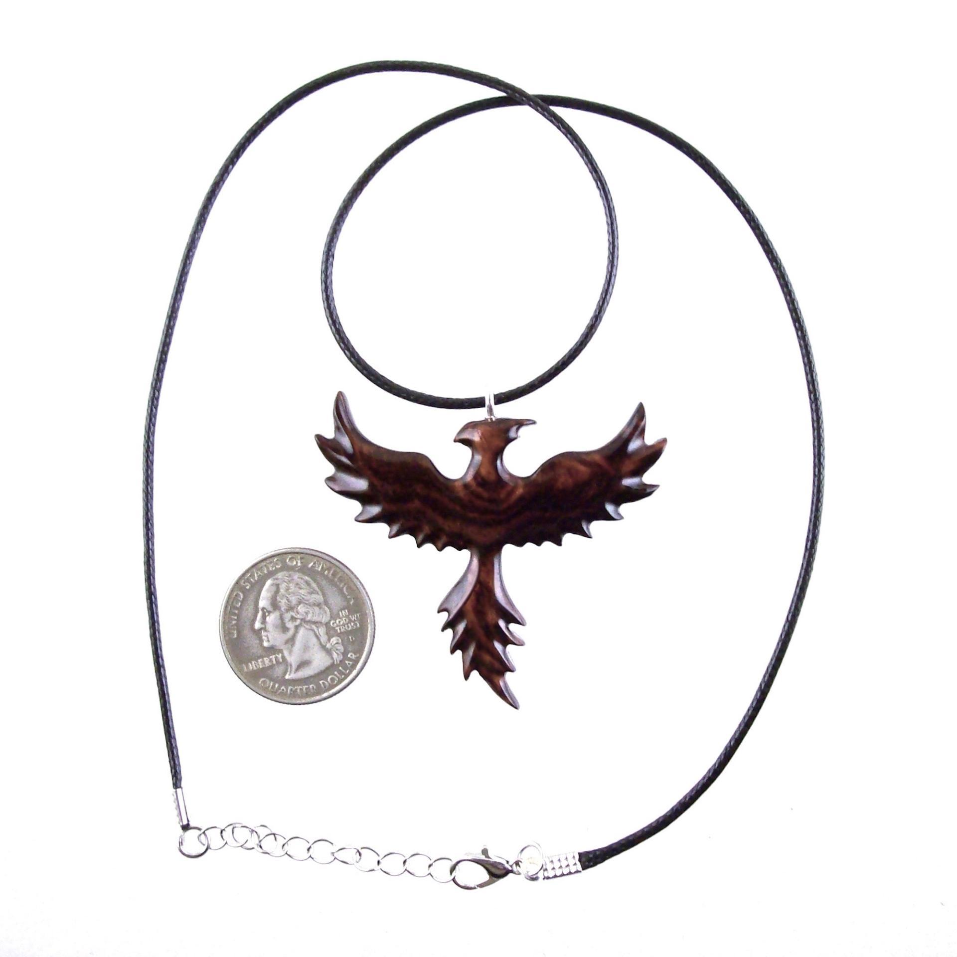Hand Carved Phoenix Necklace, Wooden Rising Phoenix Pendant for Men or Women, Wood Firebird Necklace, Fantasy Inspirational Jewelry