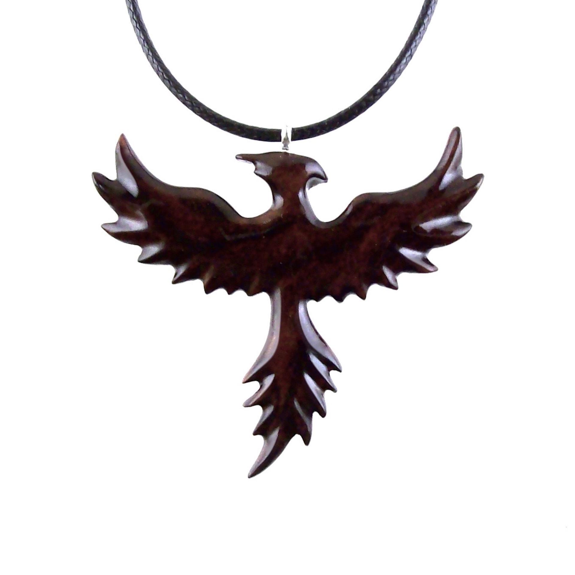 Hand Carved Phoenix Necklace, Wooden Rising Phoenix Pendant for Men or Women, Wood Firebird Necklace, Fantasy Inspirational Jewelry