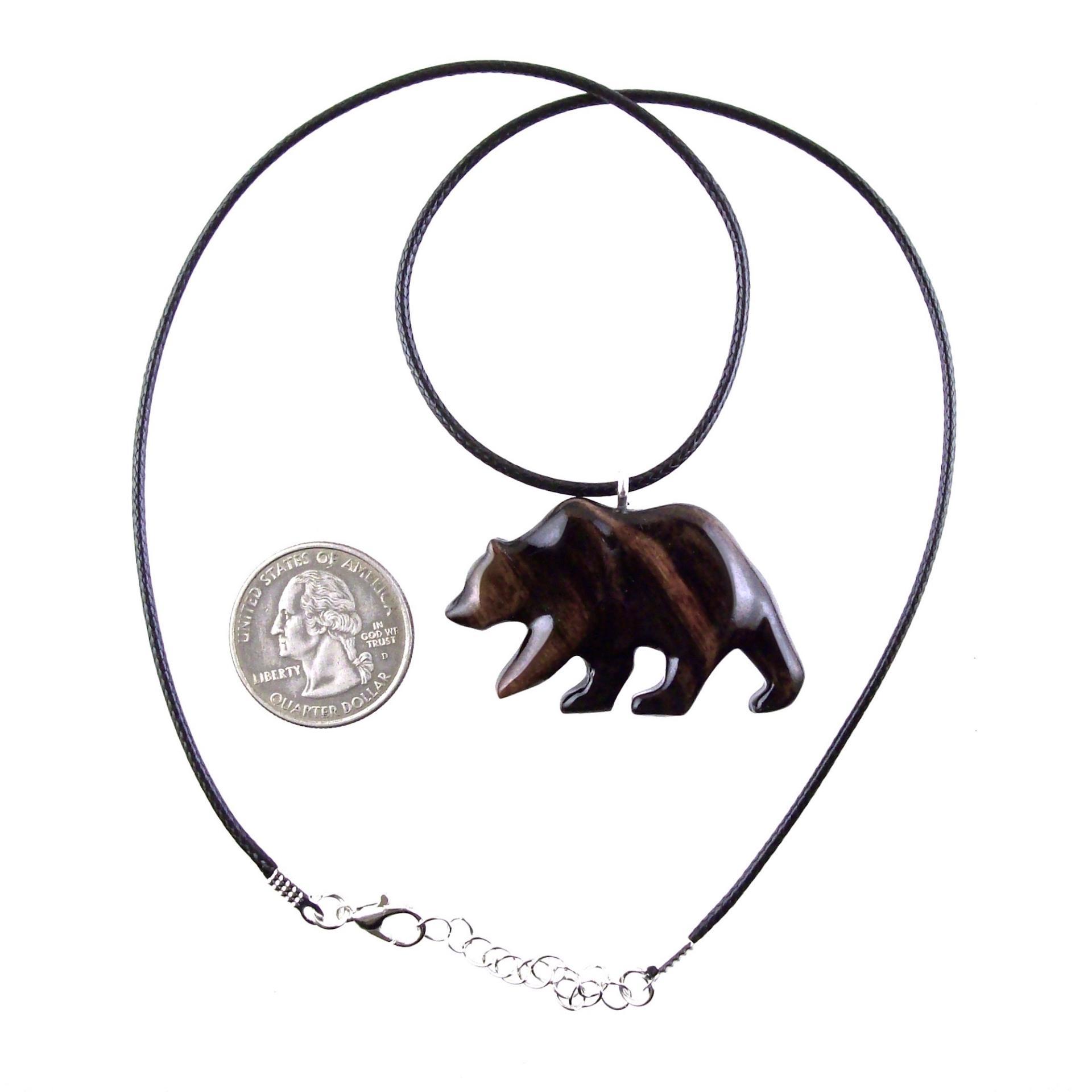 Wooden Grizzly Bear Pendant, Bear Necklace for Men or Women, Hand Carved Wood Jewelry, Totem Spirit Animal in Black with Brown Streaks