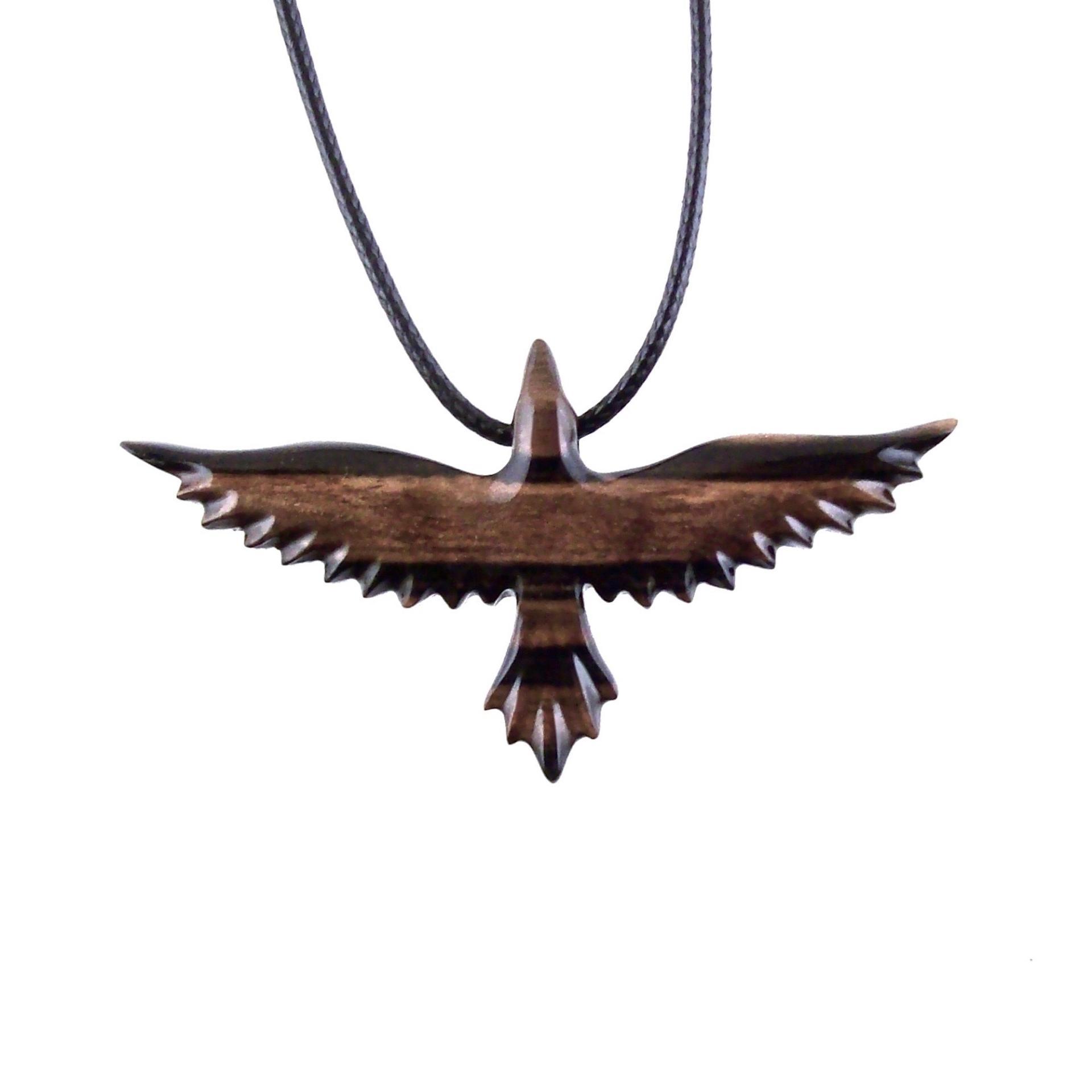 Raven Necklace, Hand Carved Wooden Crow Pendant for Men Women, Flying Bird Totem Wood Jewelry Gift in Black with Brown Streaks