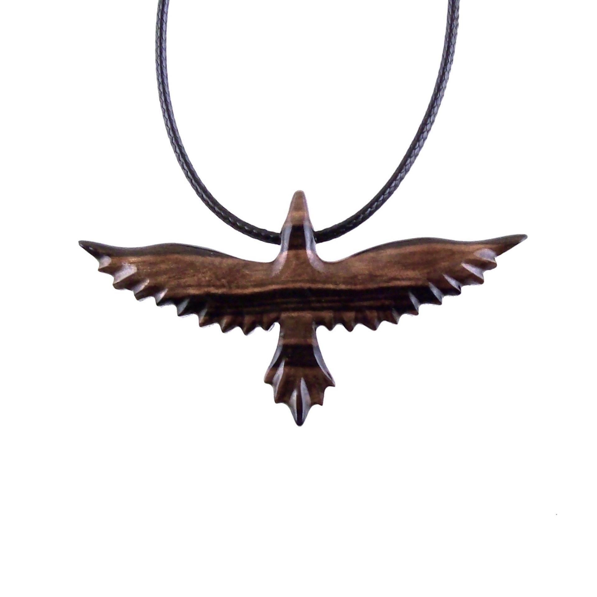 Raven Necklace, Hand Carved Wooden Crow Pendant for Men Women, Flying Bird Totem Wood Jewelry Gift in Black with Brown Streaks