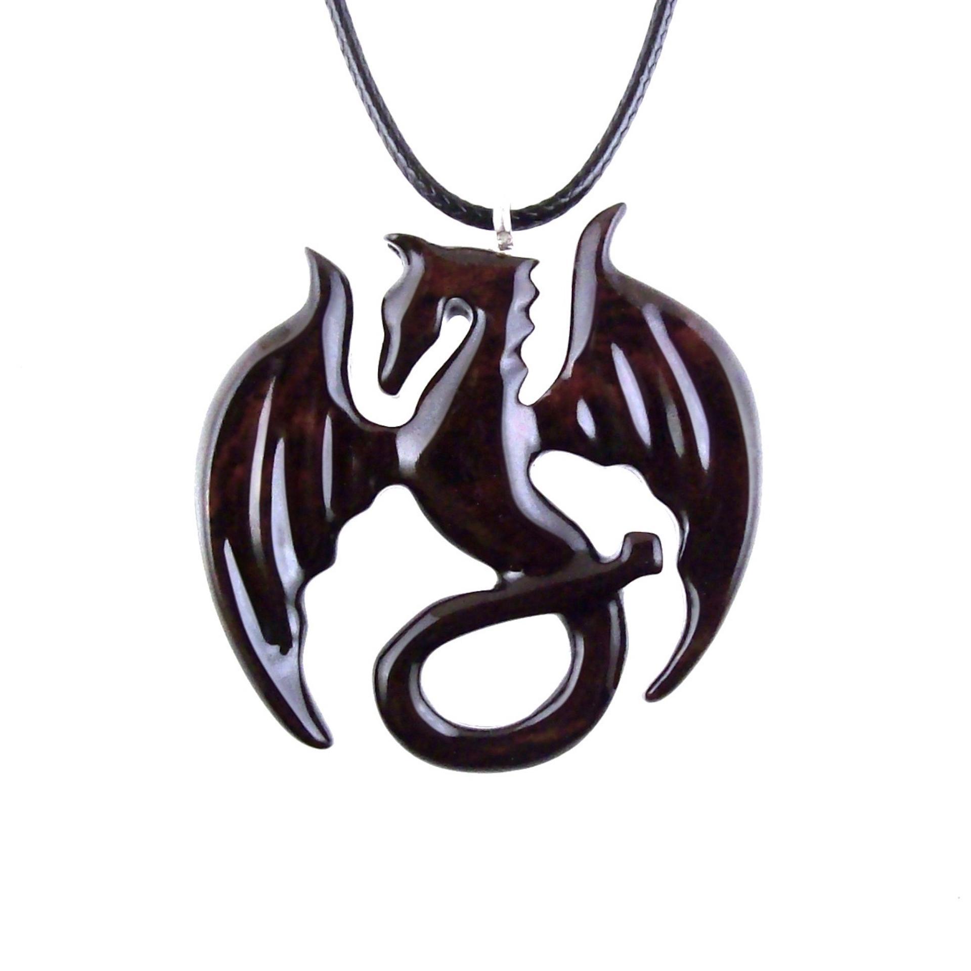 Dragon Necklace for Men or Women, Wooden Dragon Pendant, Hand Carved Wood Fantasy Jewelry, One of a Kind Gift for Him Her