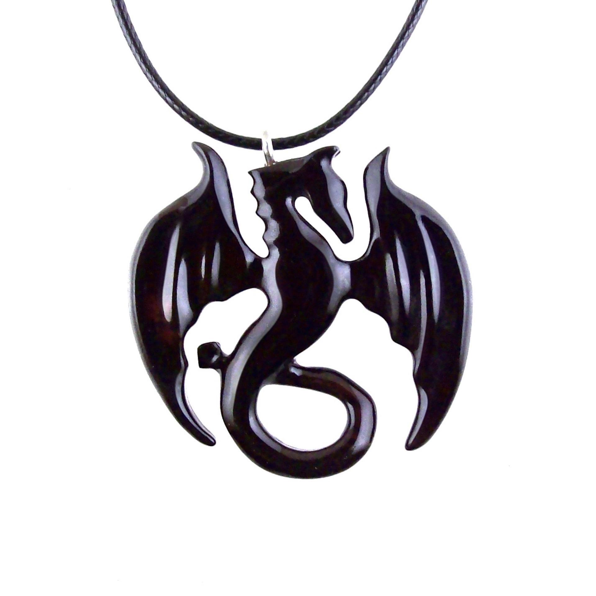 Dragon Necklace for Men or Women, Wooden Dragon Pendant, Hand Carved Wood Fantasy Jewelry, One of a Kind Gift for Him Her