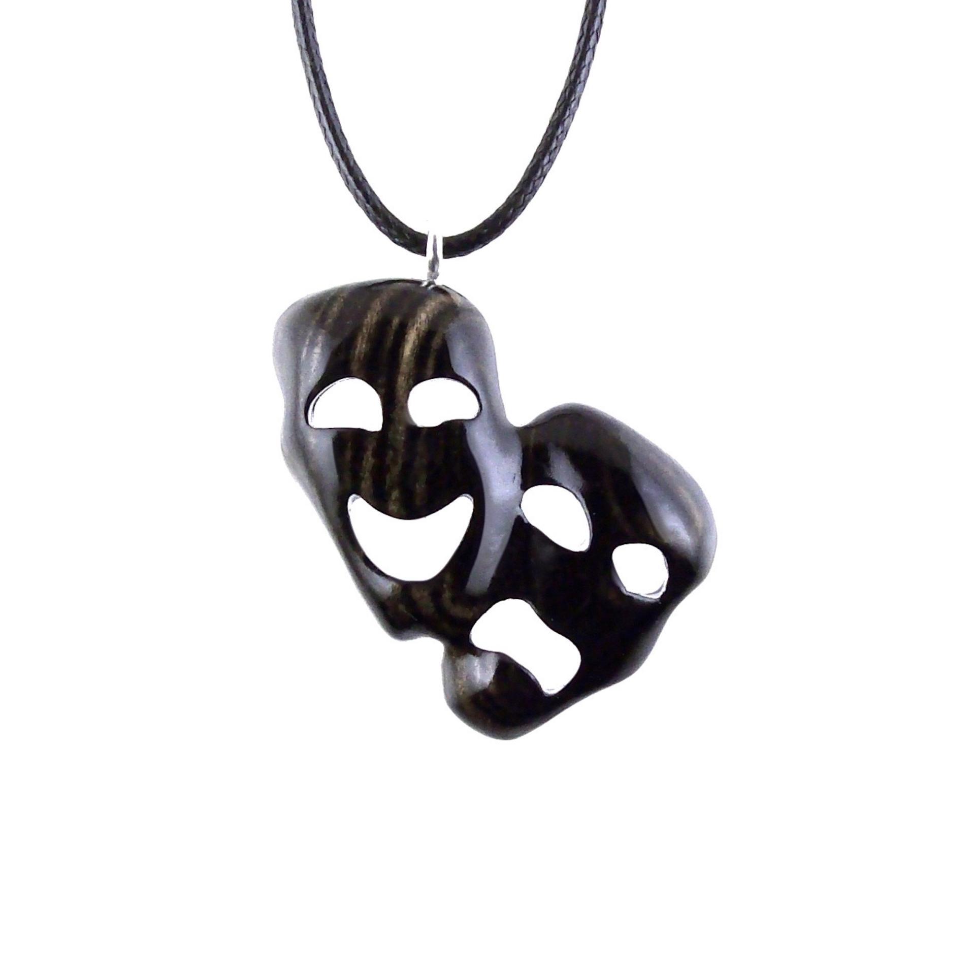 Hand Carved Comedy Tragedy Mask Pendant Necklace, Handmade Wooden Drama Jewelry for Men Women