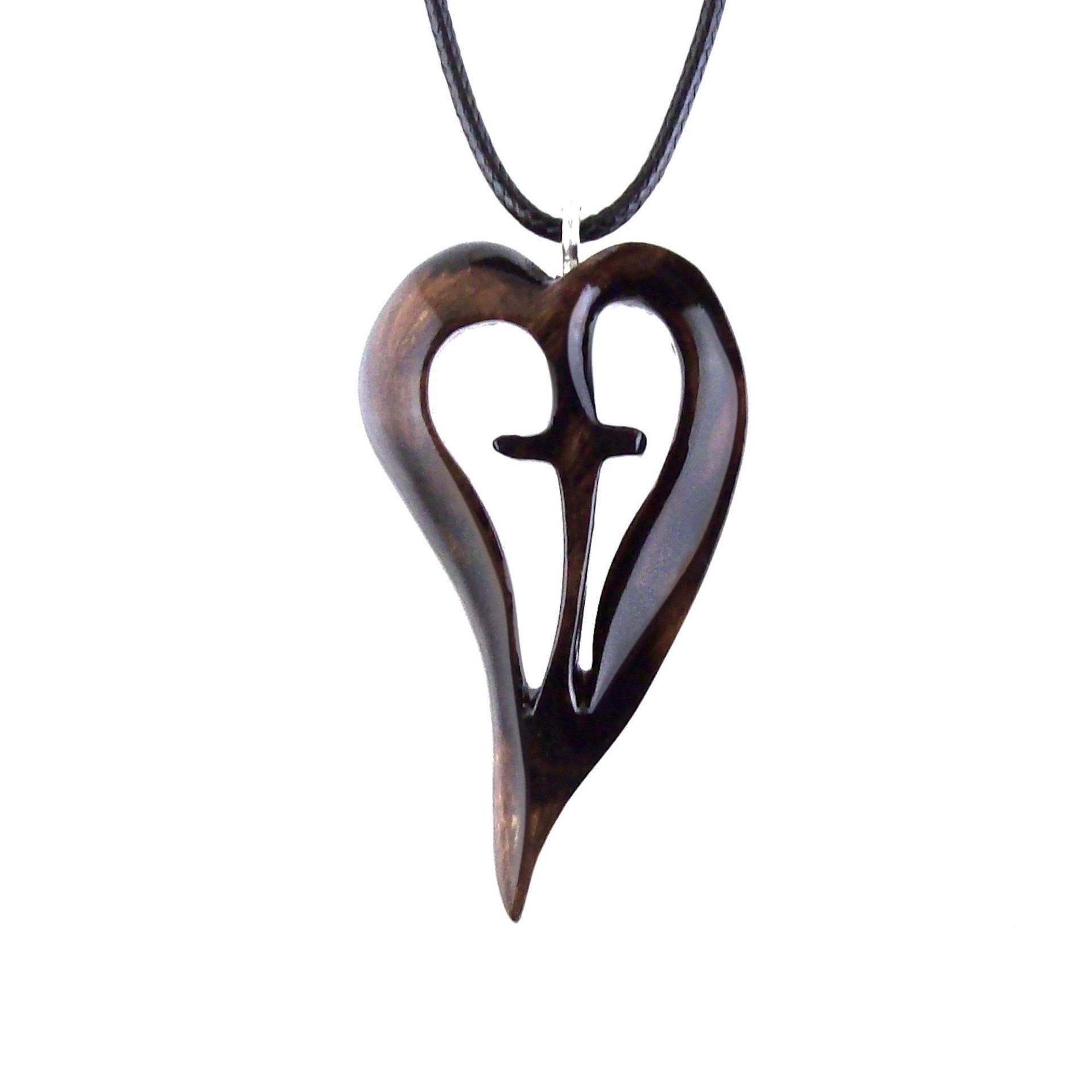 Women Cross Necklace, Wooden Heart Pendant, Hand Carved Wood Cross Necklace, 5th Anniversary Gift for Her, Christian Jewelry