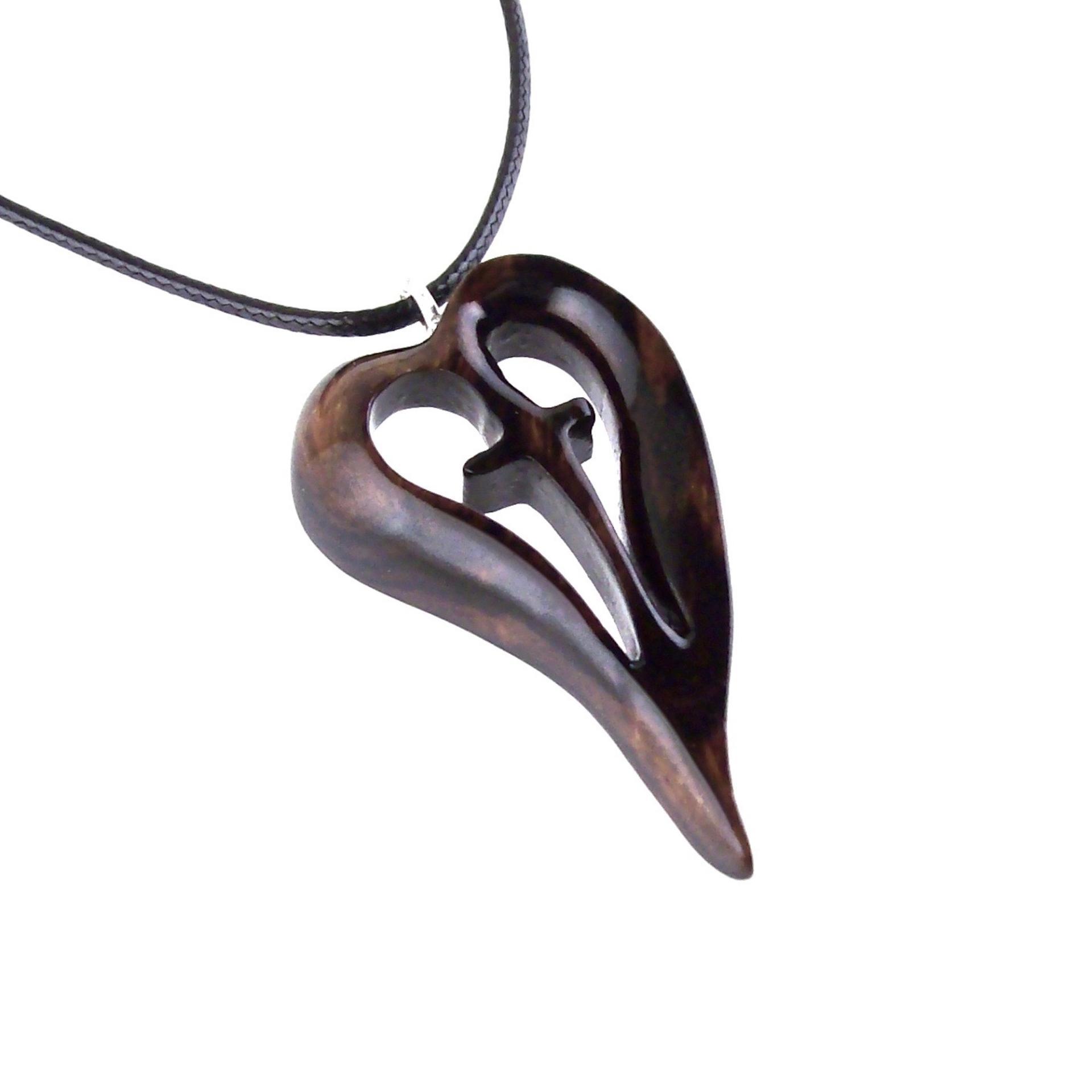 Women Cross Necklace, Wooden Heart Pendant, Hand Carved Wood Cross Necklace, 5th Anniversary Gift for Her, Christian Jewelry