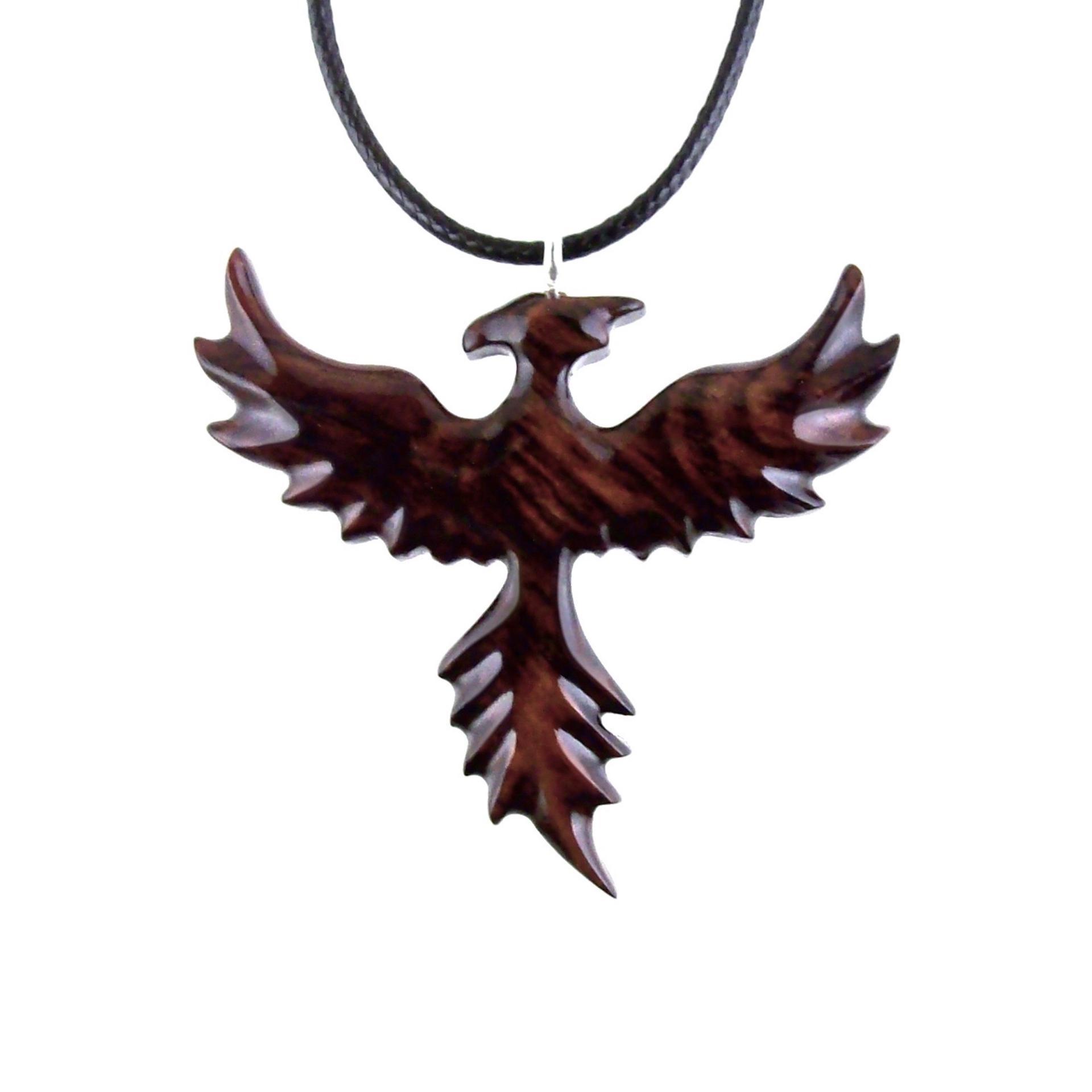 Hand Carved Phoenix Necklace, Wooden Rising Phoenix Pendant for Men or Women, Wood Firebird Necklace, Fantasy Inspirational Jewelry
