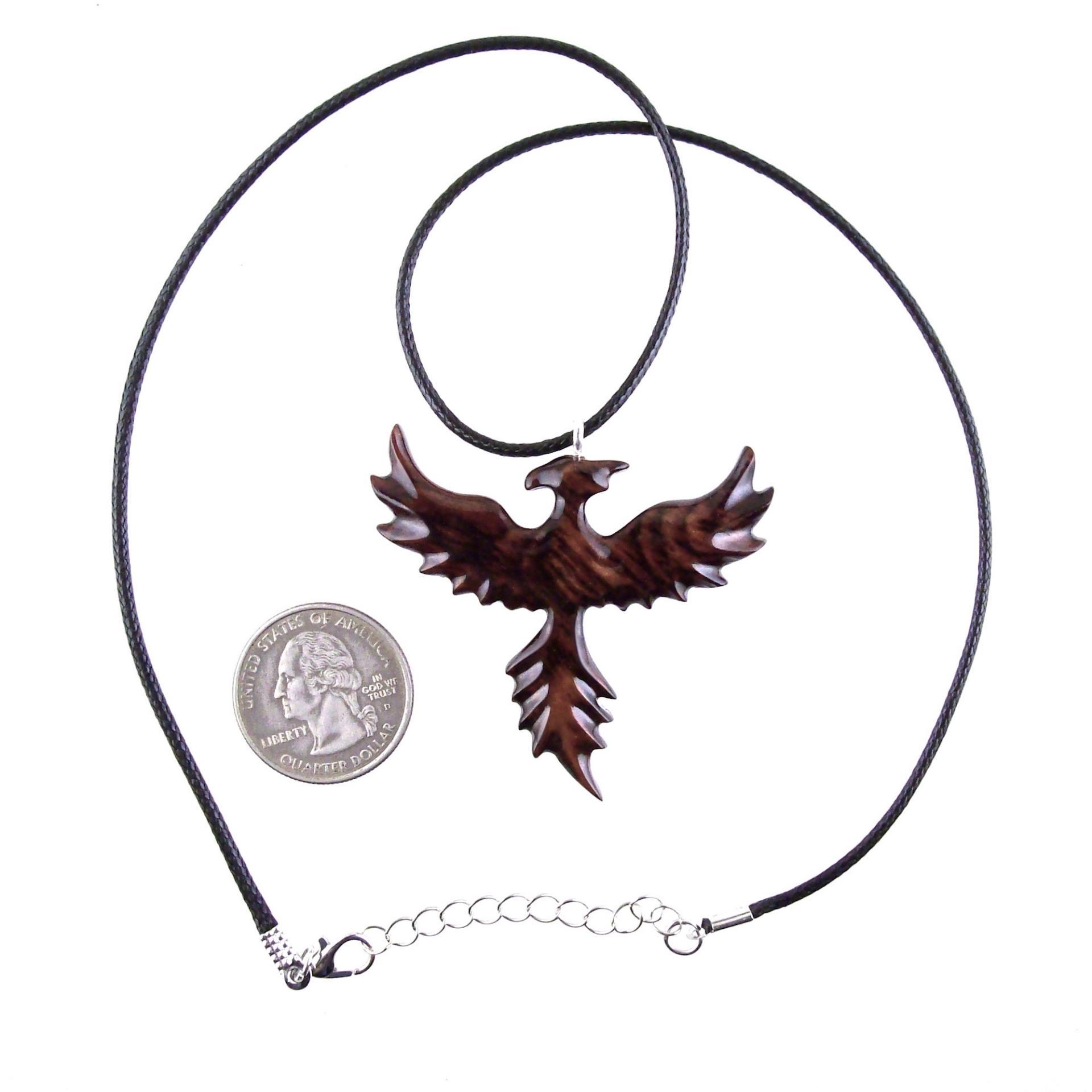Hand Carved Phoenix Necklace, Wooden Rising Phoenix Pendant for Men or Women, Wood Firebird Necklace, Fantasy Inspirational Jewelry
