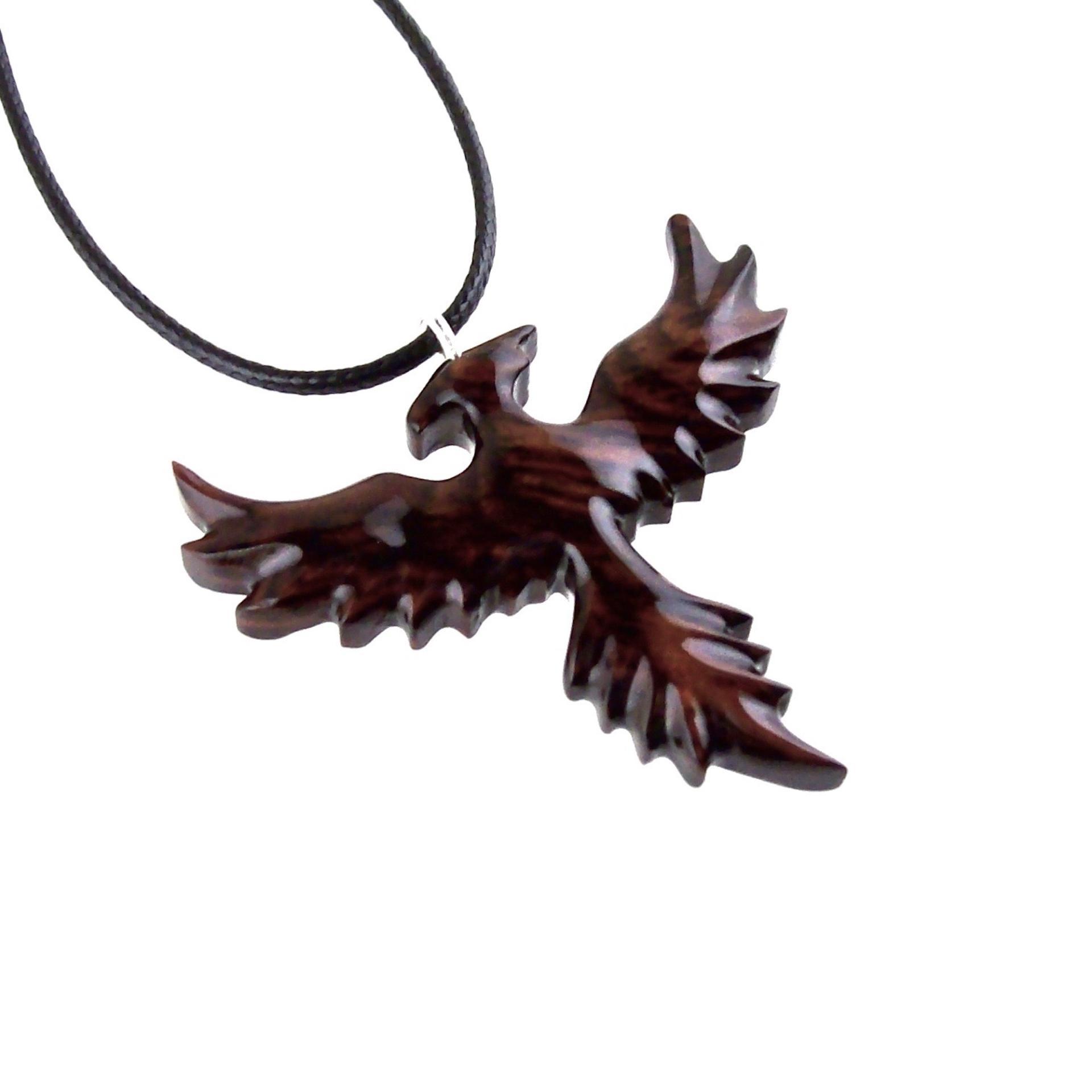 Hand Carved Phoenix Necklace, Wooden Rising Phoenix Pendant for Men or Women, Wood Firebird Necklace, Fantasy Inspirational Jewelry
