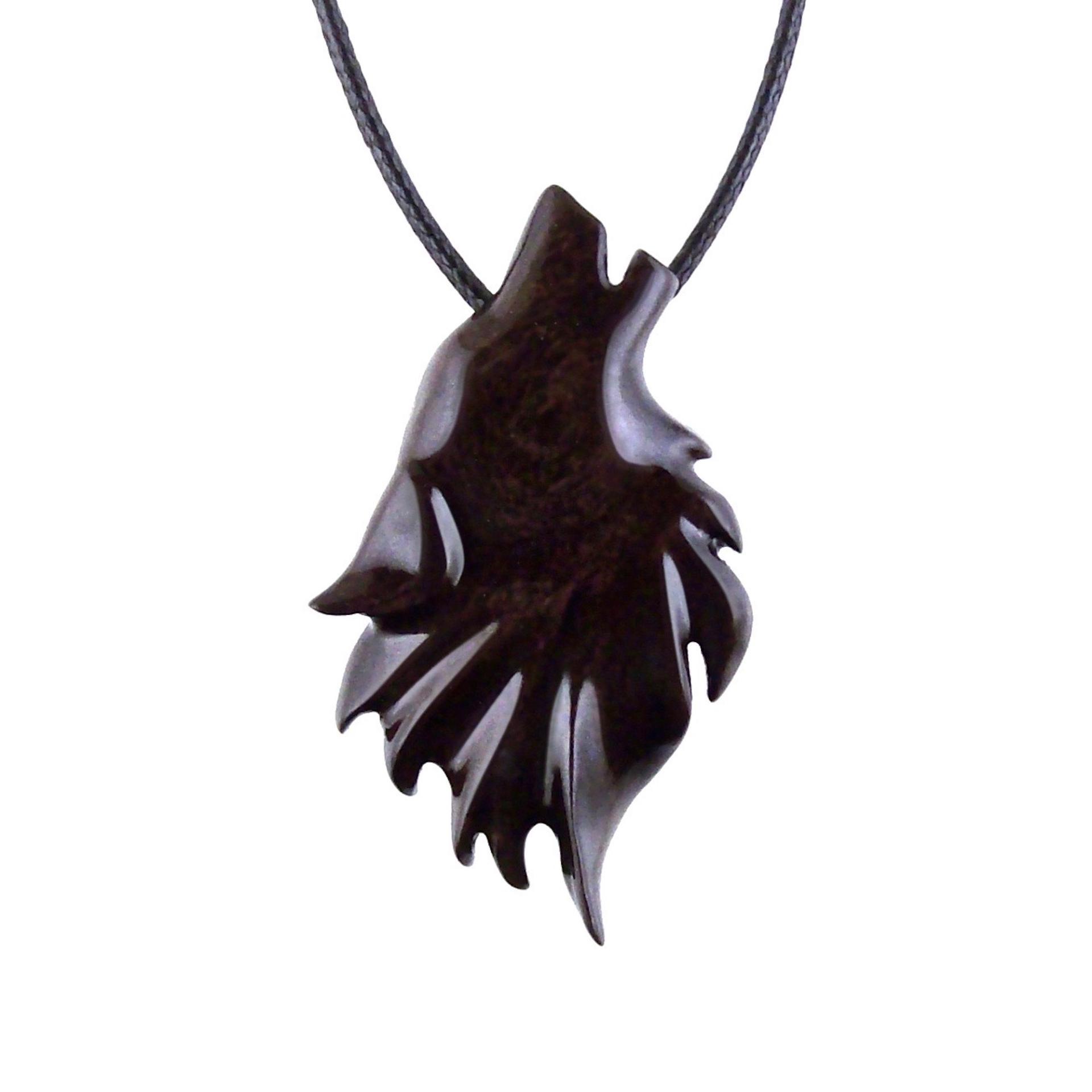Wooden Howling Wolf Pendant Necklace, Hand Carved Totem Spirit Animal Wood Jewelry Gift for Men or Women in Dark Brown