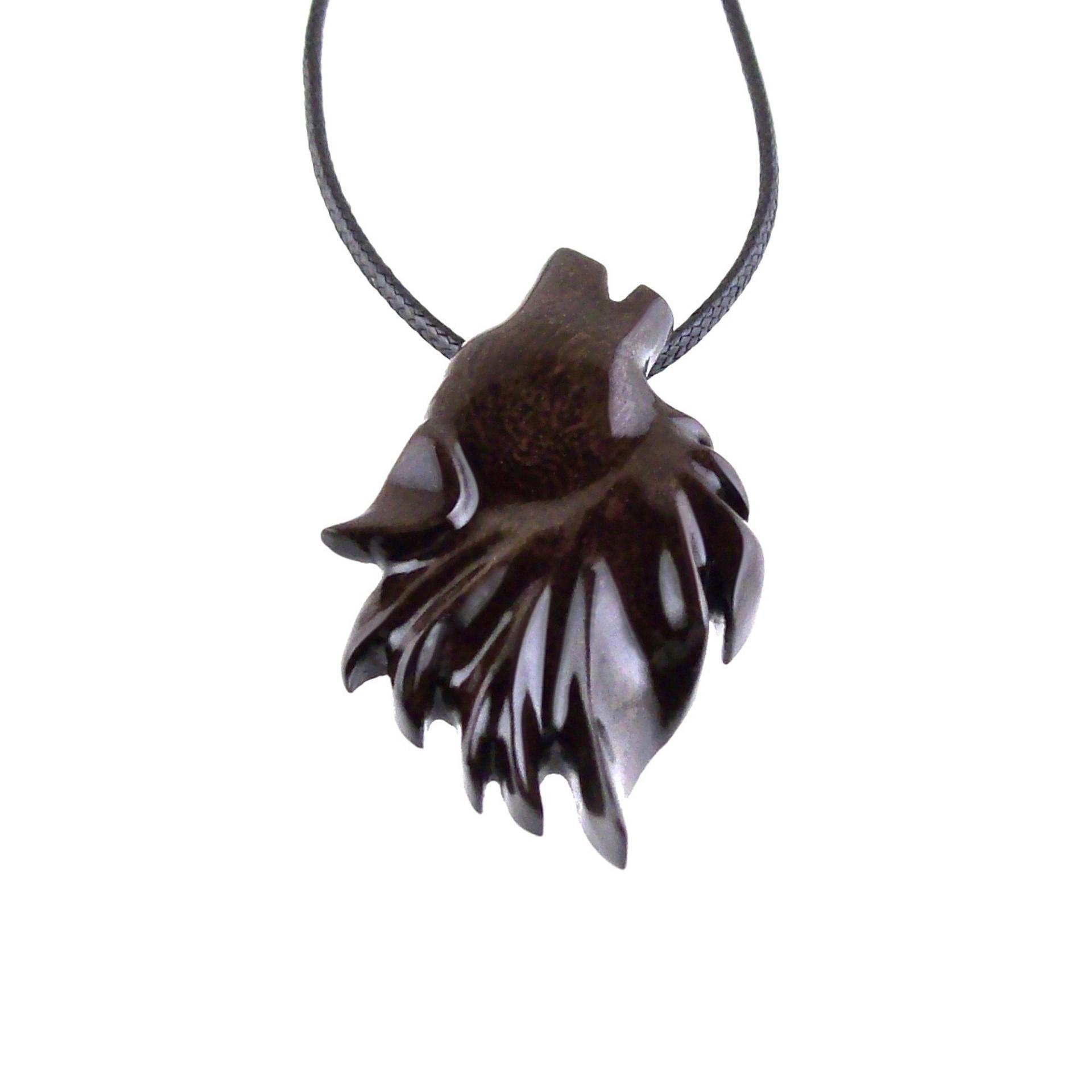 Wooden Howling Wolf Pendant Necklace, Hand Carved Totem Spirit Animal Wood Jewelry Gift for Men or Women in Dark Brown