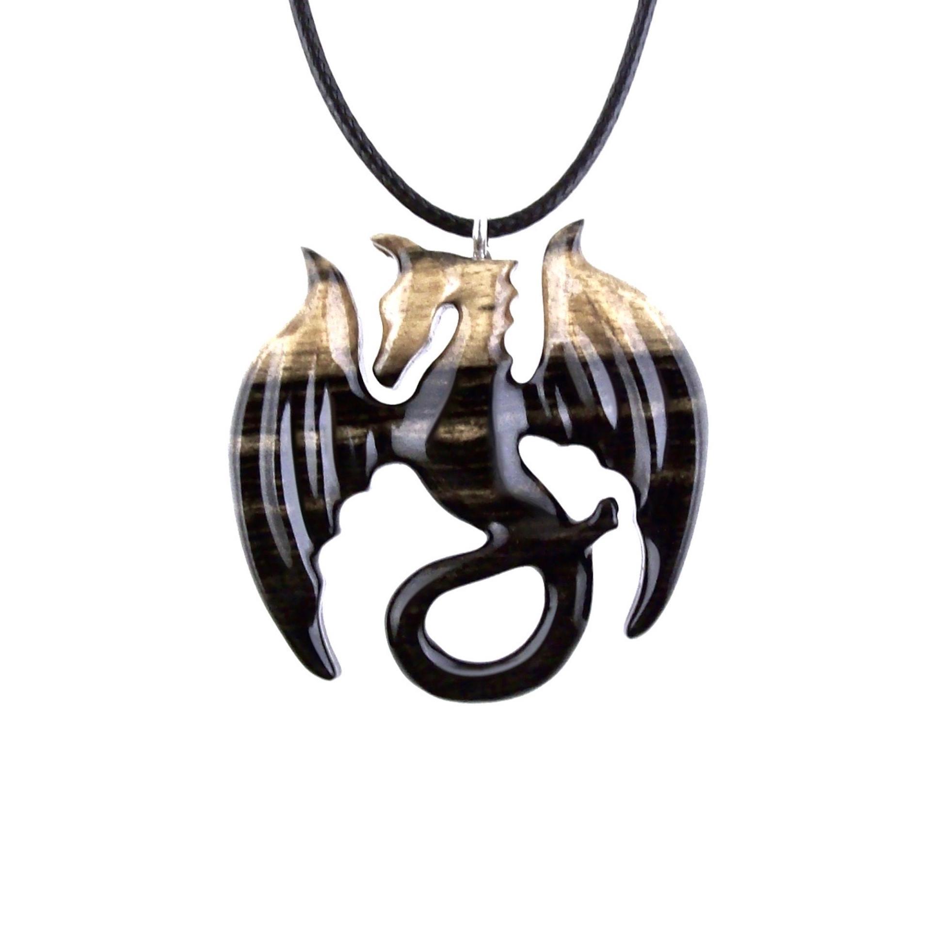 Dragon Necklace for Men Women, Hand Carved Wooden Dragon Pendant, Fantasy Wood Jewelry Gift for Her Him