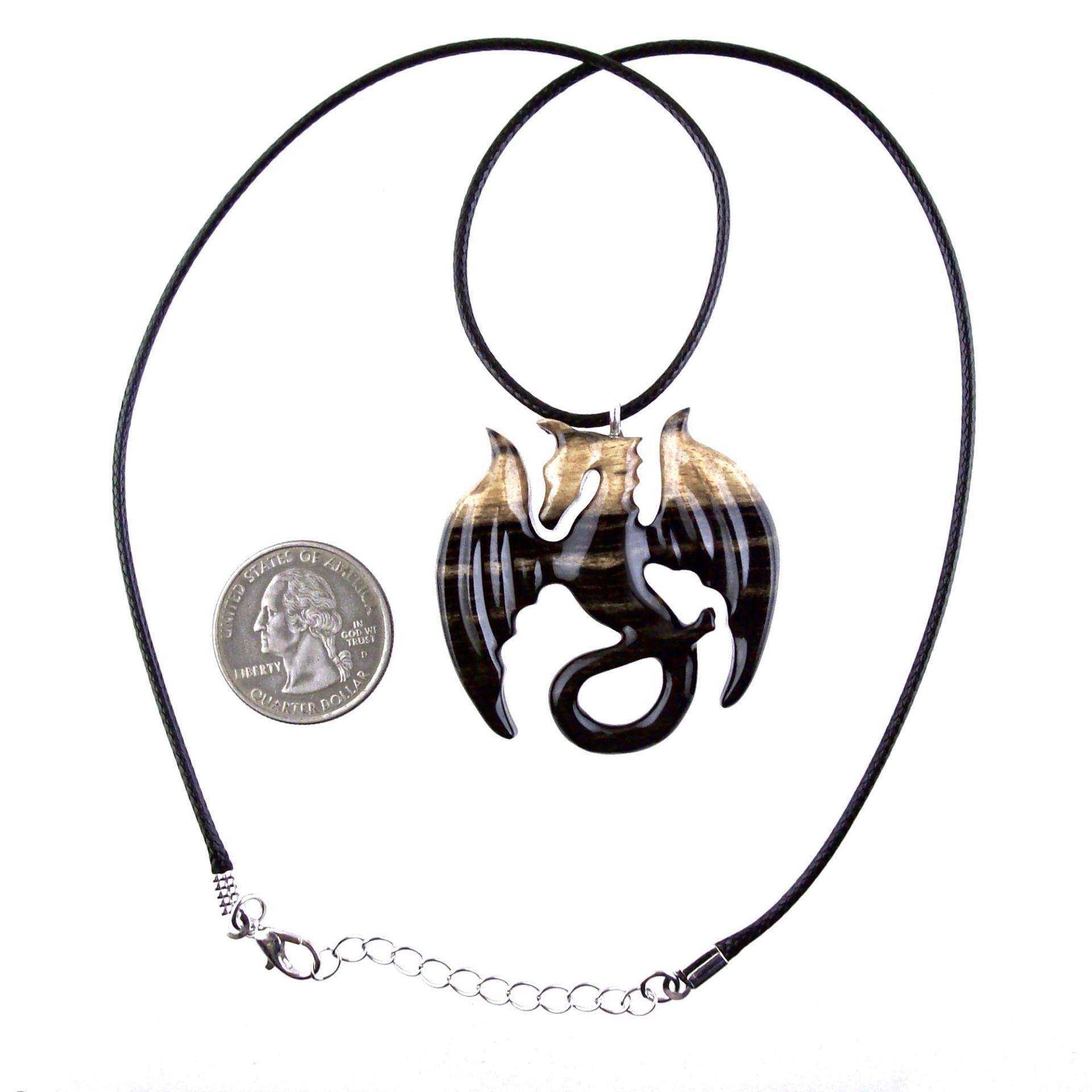 Dragon Necklace for Men Women, Hand Carved Wooden Dragon Pendant, Fantasy Wood Jewelry Gift for Her Him