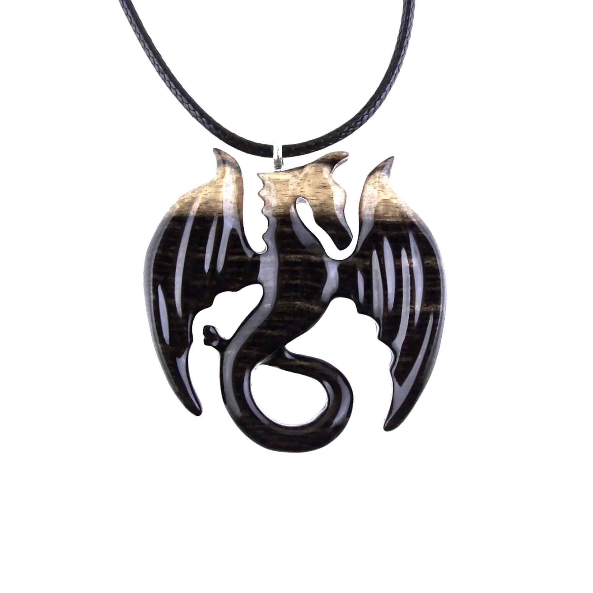 Dragon Necklace for Men Women, Hand Carved Wooden Dragon Pendant, Fantasy Wood Jewelry Gift for Her Him