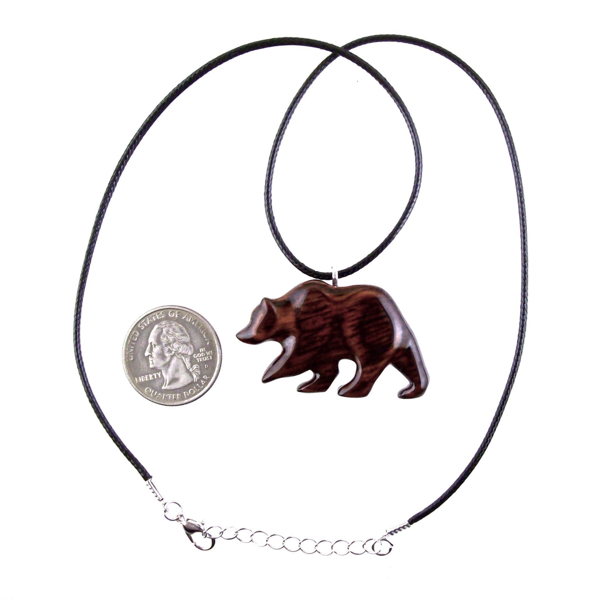 Wood Bear Necklace, Hand Carved Wooden Grizzly Bear Pendant for Men or Women, Spirit Animal Totem Jewelry Gift for Him Her