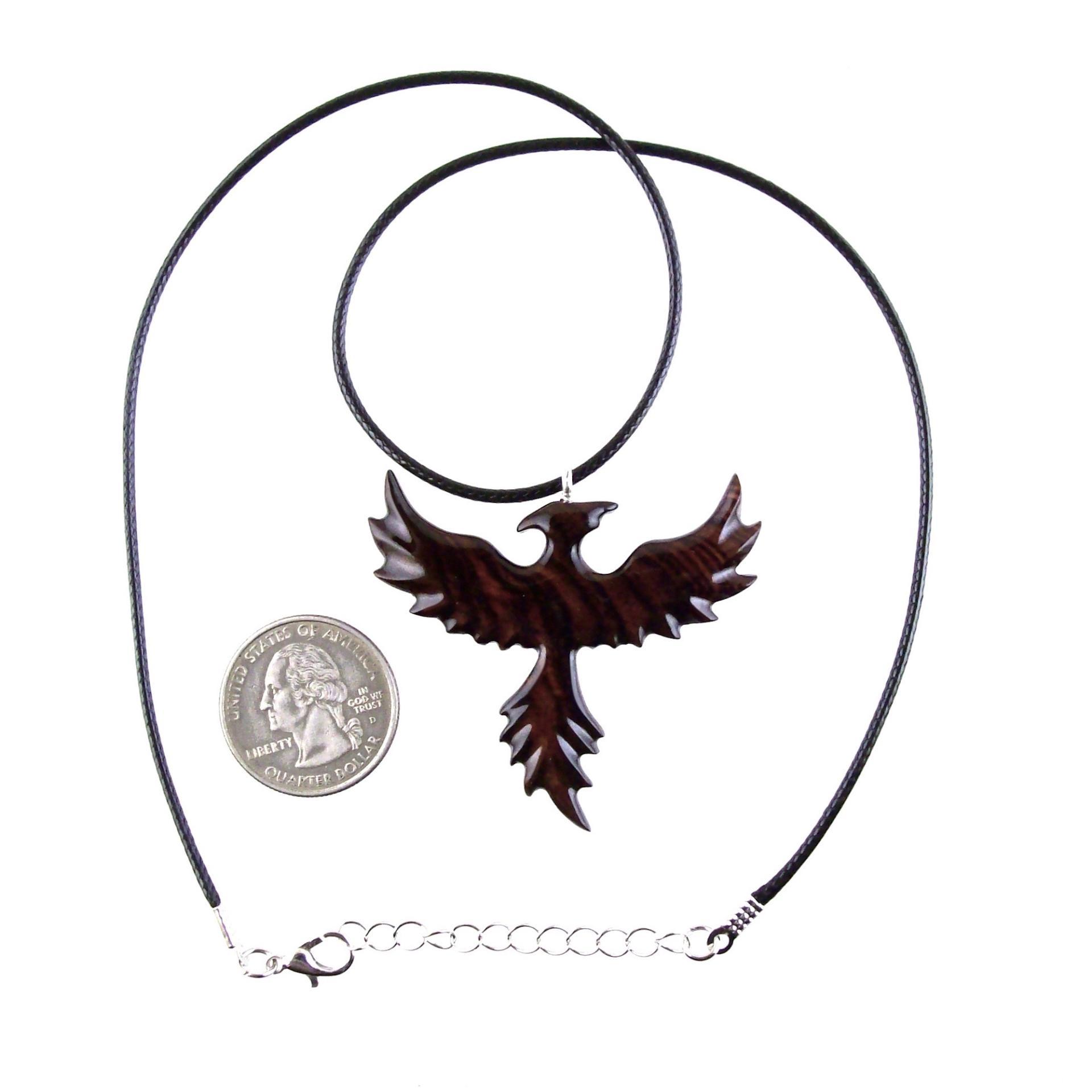 Hand Carved Phoenix Necklace, Wooden Rising Phoenix Pendant for Men or Women, Wood Firebird Necklace, Fantasy Inspirational Jewelry