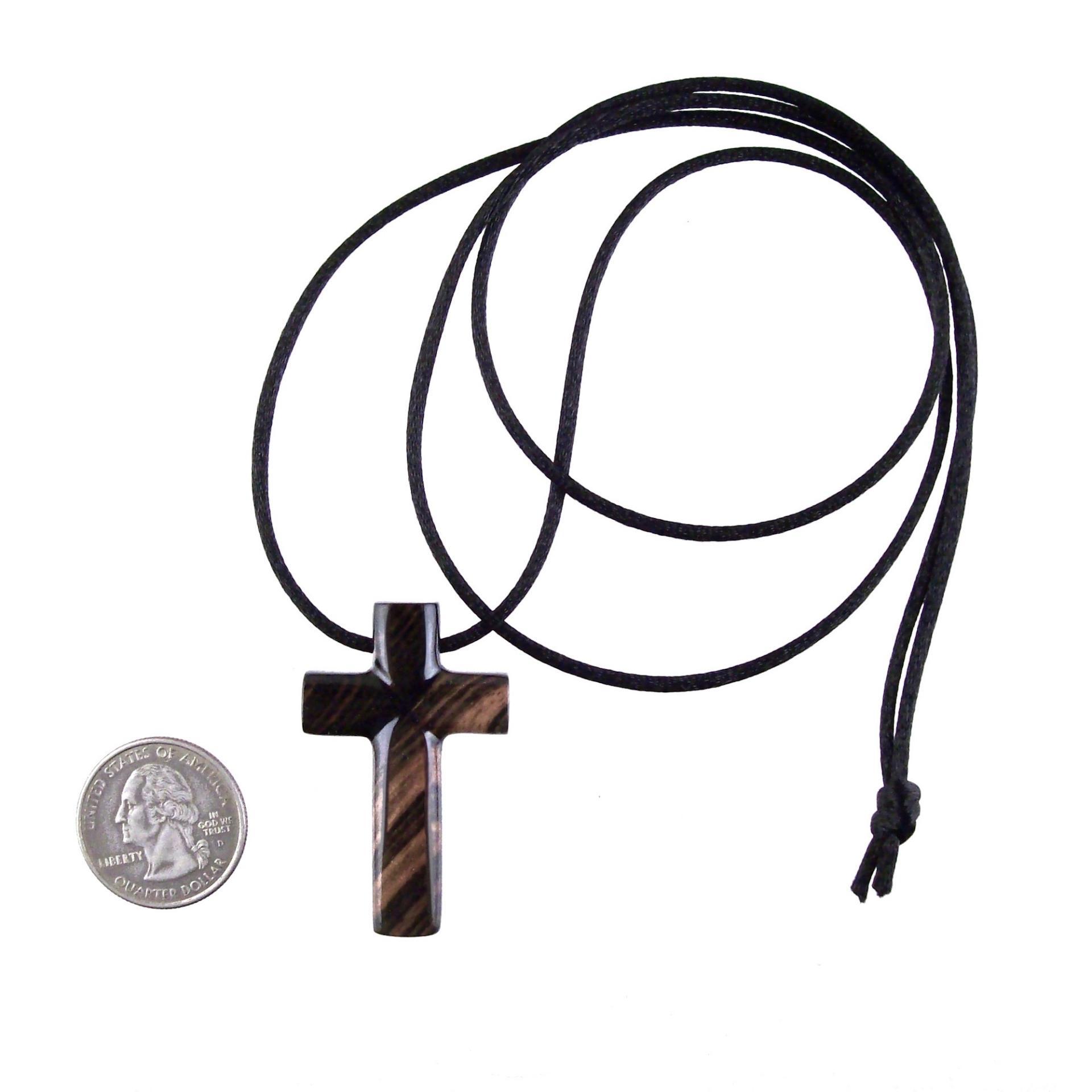 Hand Carved Wood Cross Necklace, Wooden Cross Pendant, Christian Jewelry for Men in Black with Brown Streaks