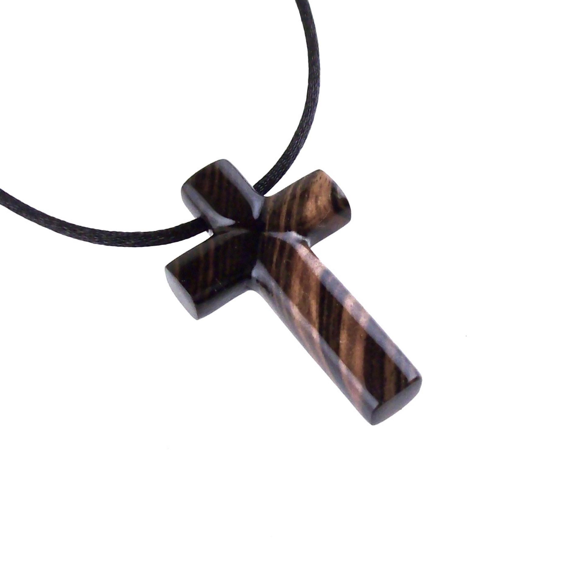 Hand Carved Wood Cross Necklace, Wooden Cross Pendant, Christian Jewelry for Men in Black with Brown Streaks