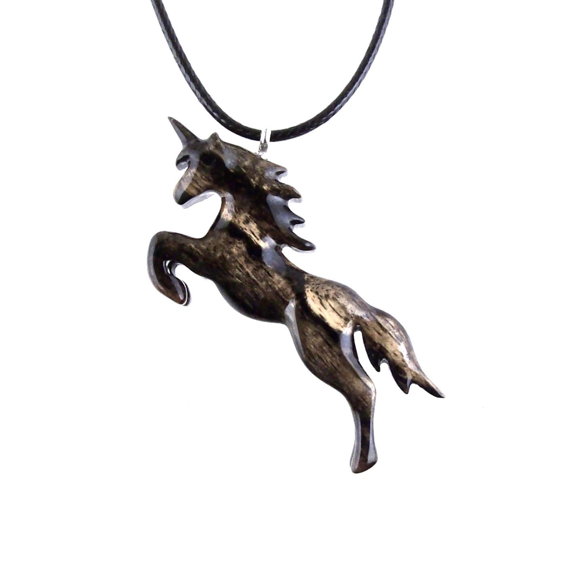 Hand Carved Wooden Unicorn Pendant Necklace, Fantasy Animal Wood Jewelry, One of a Kind Handmade Gift for Her Him