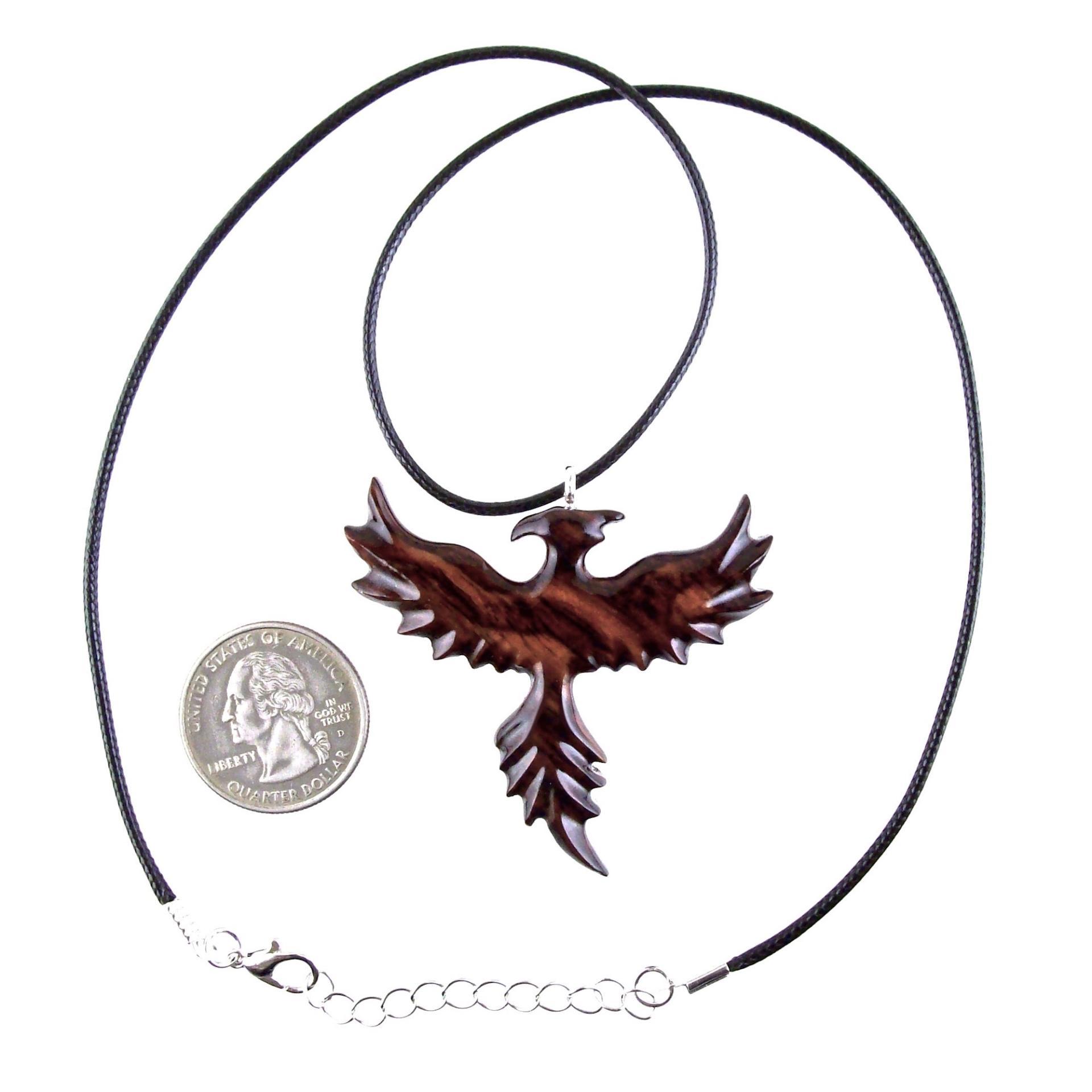 Hand Carved Phoenix Necklace, Wooden Rising Phoenix Pendant for Men or Women, Wood Firebird Necklace, Fantasy Inspirational Jewelry
