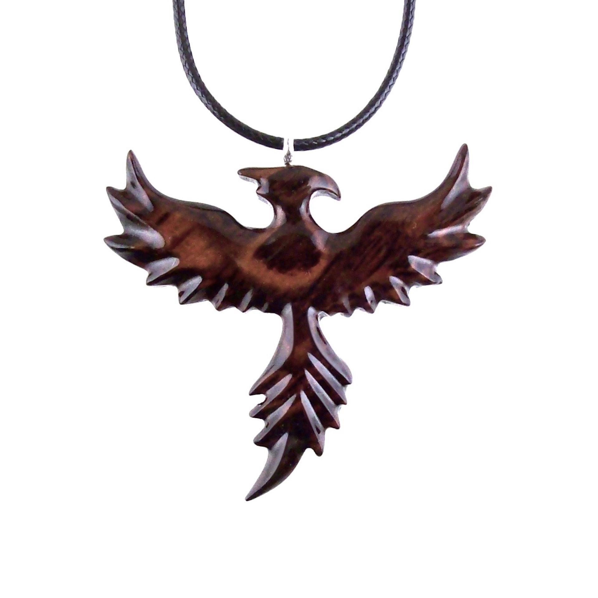 Hand Carved Phoenix Necklace, Wooden Rising Phoenix Pendant for Men or Women, Wood Firebird Necklace, Fantasy Inspirational Jewelry