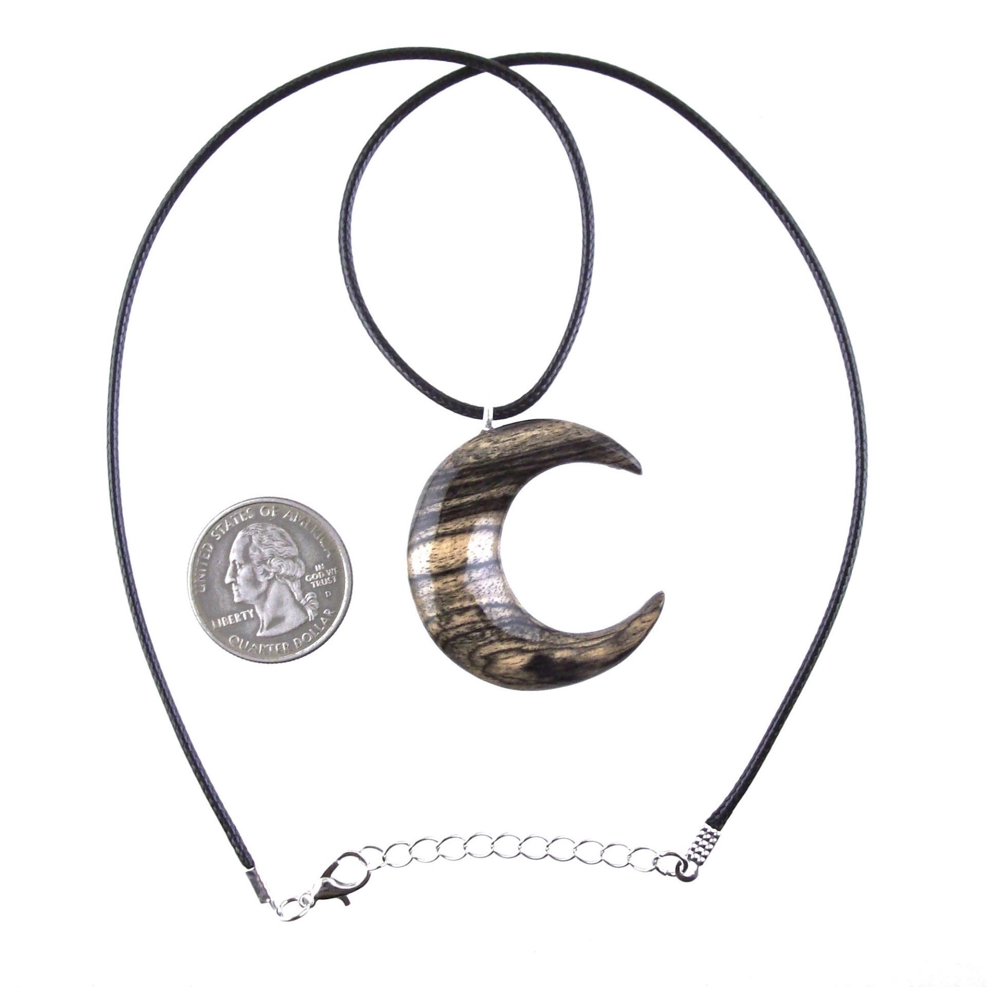 Hand Carved Moon Necklace, Wooden Crescent Moon Pendant, Wood Celestial Necklace, Pagan Lunar Jewelry for Men or Women