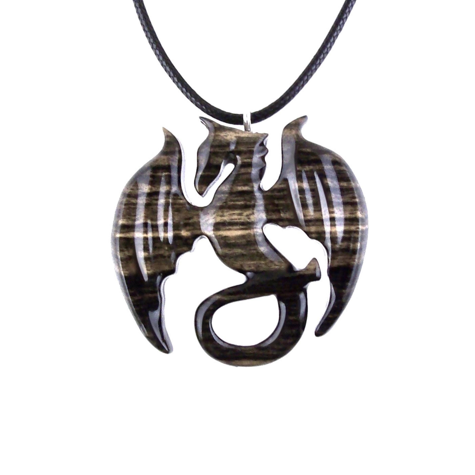 Dragon Necklace for Men Women, Hand Carved Wooden Dragon Pendant, Fantasy Wood Jewelry Gift for Her Him