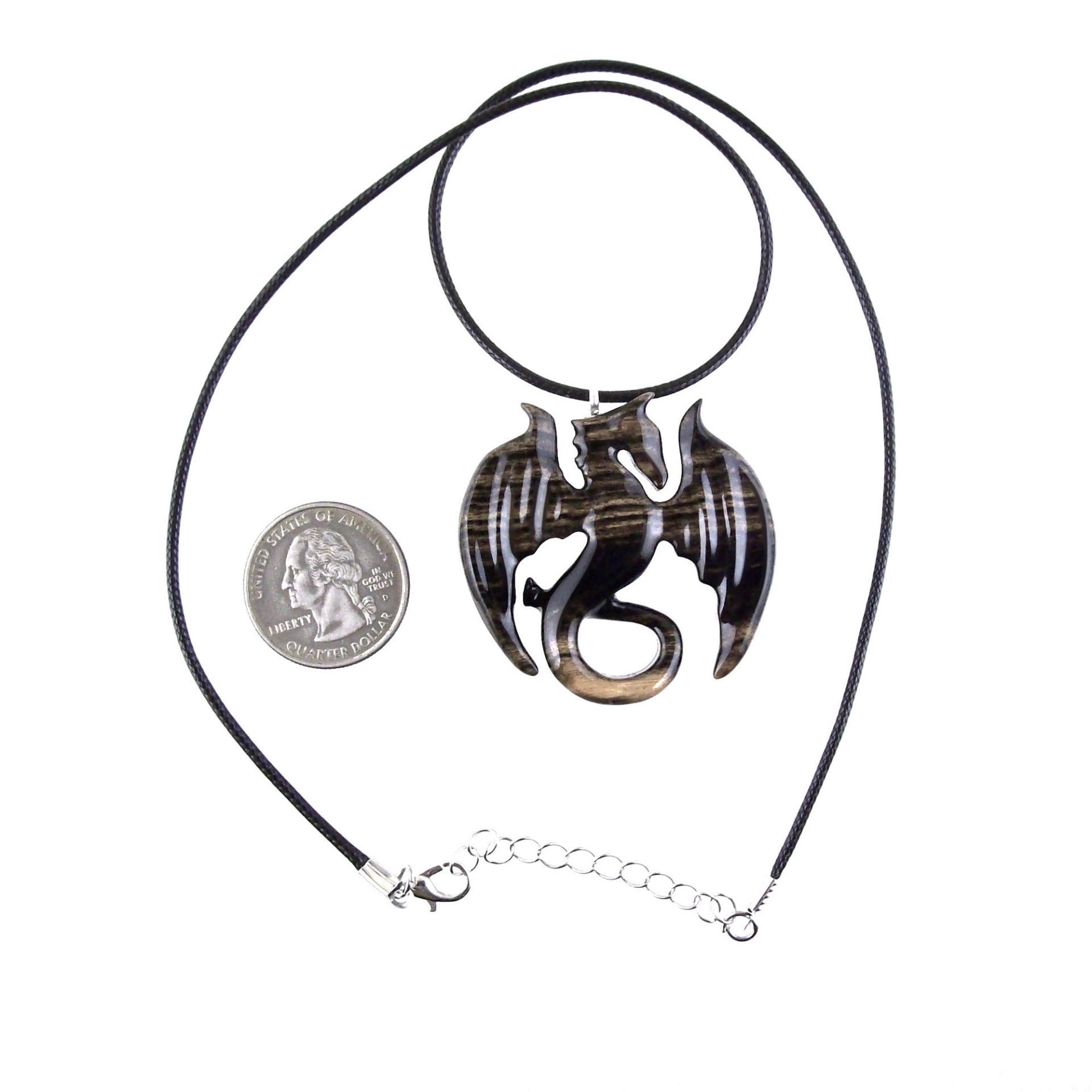 Dragon Necklace for Men Women, Hand Carved Wooden Dragon Pendant, Fantasy Wood Jewelry Gift for Her Him