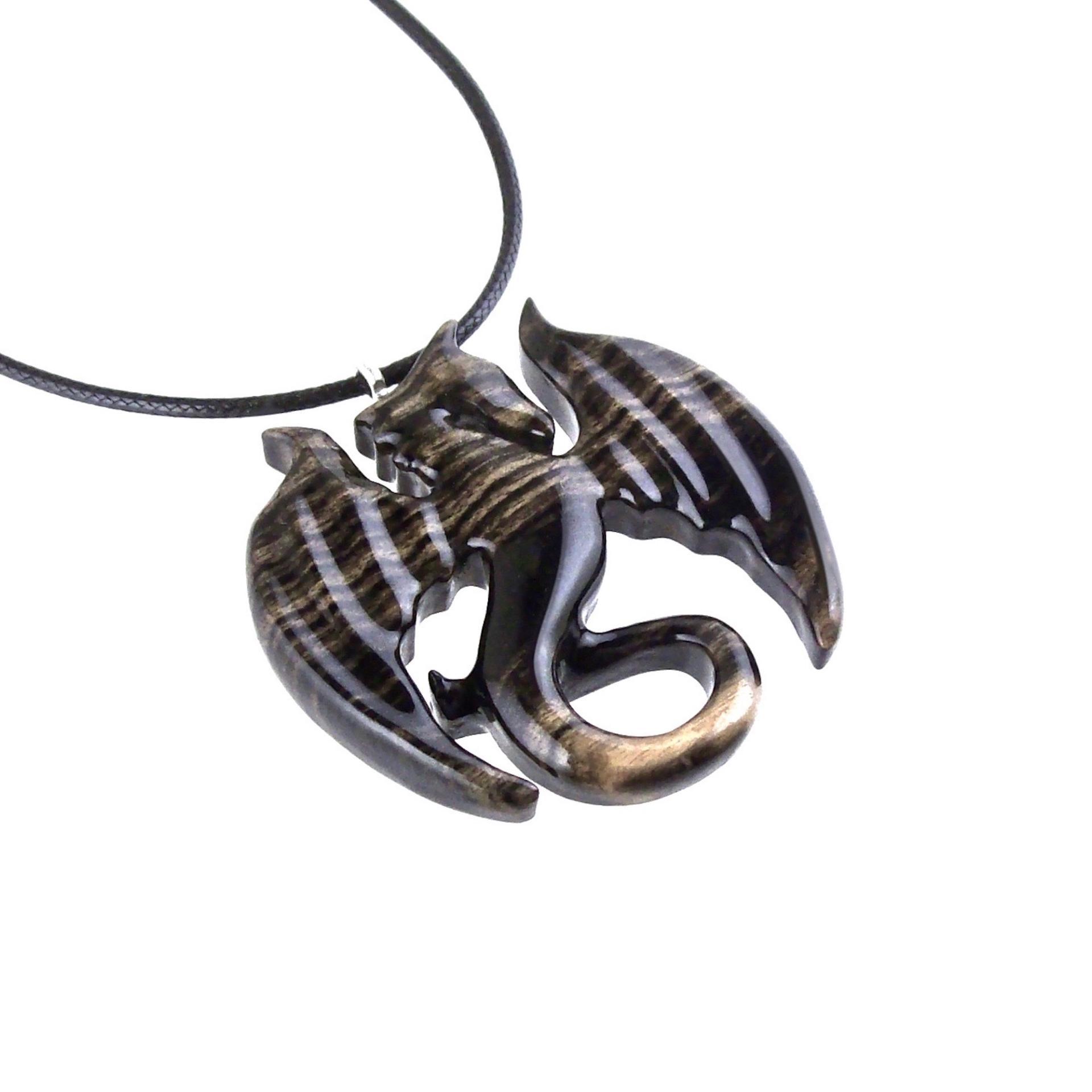 Dragon Necklace for Men Women, Hand Carved Wooden Dragon Pendant, Fantasy Wood Jewelry Gift for Her Him