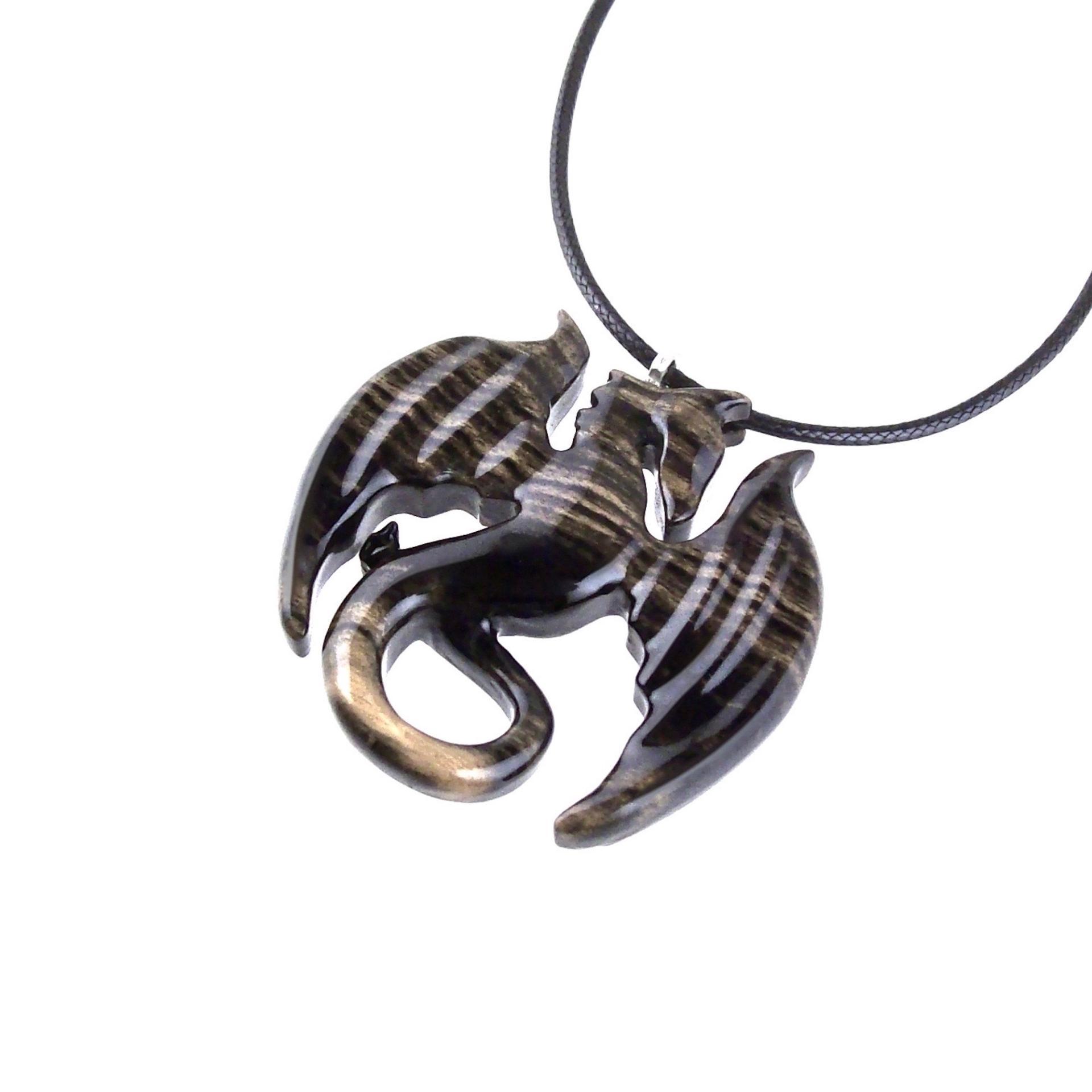 Dragon Necklace for Men Women, Hand Carved Wooden Dragon Pendant, Fantasy Wood Jewelry Gift for Her Him