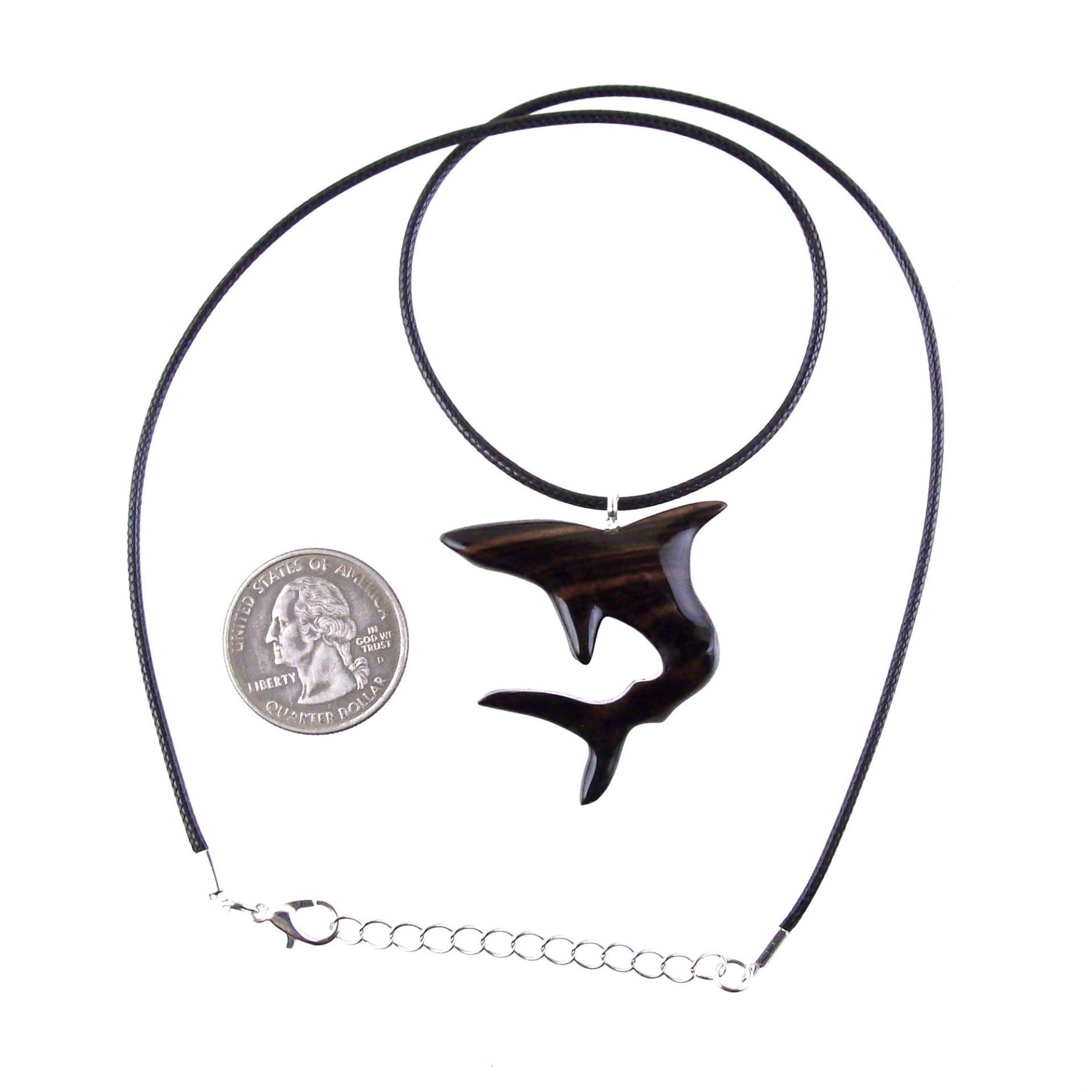 Shark Pendant, Hand Carved Wooden Shark Necklace, Mens Wood Pendant, Nautical Jewelry Gift for Him in Black with Brown Streaks