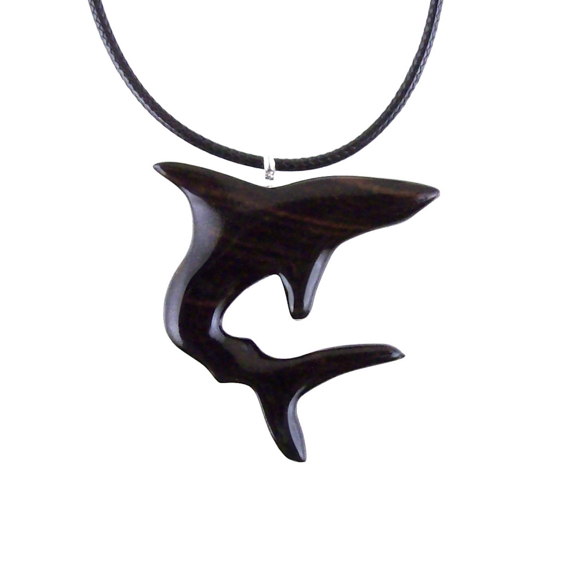 Shark Pendant, Hand Carved Wooden Shark Necklace, Mens Wood Pendant, Nautical Jewelry Gift for Him in Black with Brown Streaks