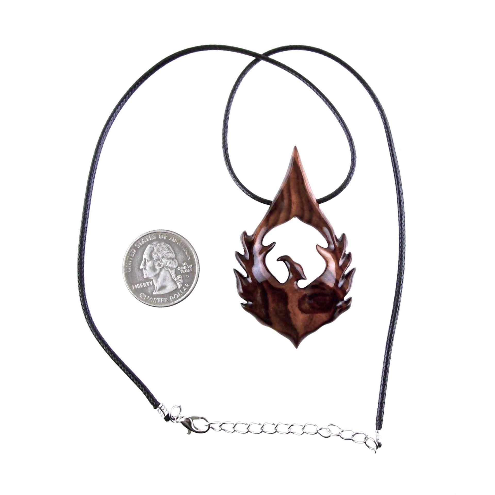Hand Carved Wooden Phoenix Necklace, Firebird Wood Pendant, Inspirational Jewelry Gift for Men Women