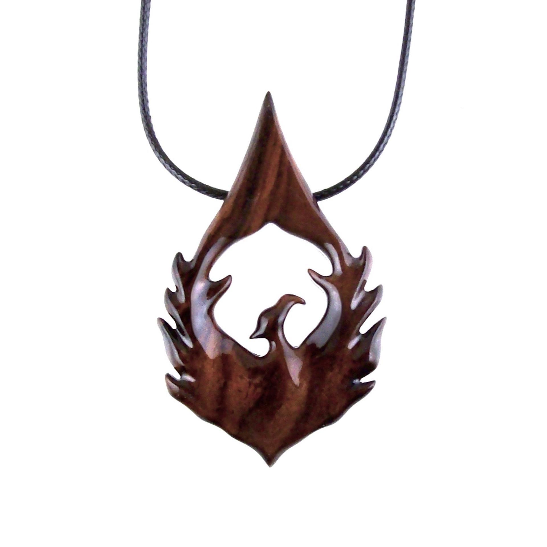 Hand Carved Wooden Phoenix Necklace, Firebird Wood Pendant, Inspirational Jewelry Gift for Men Women