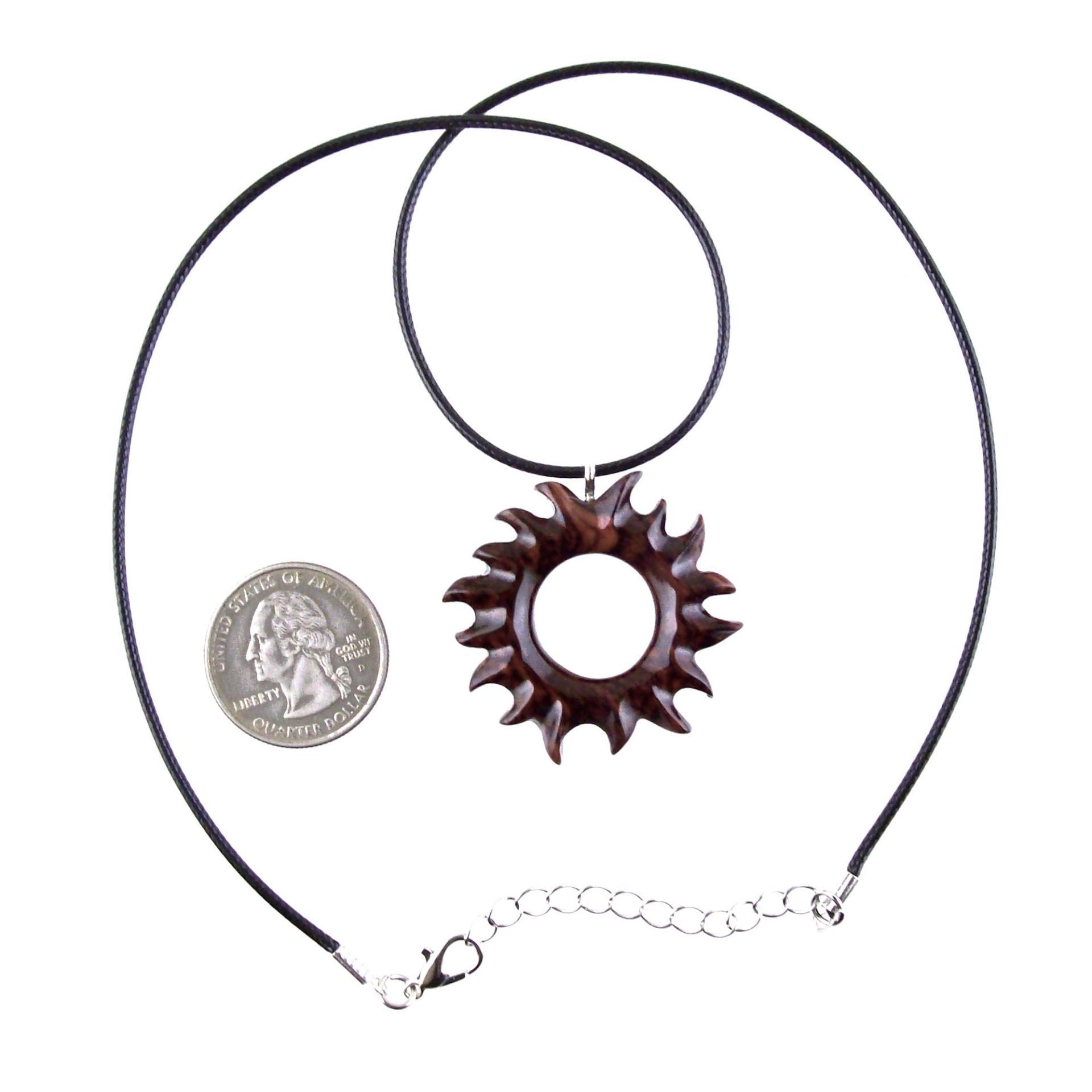Hand Carved Sun Wooden Necklace, Celestial Sunburst Pendant, Solar Eclipse Wood Jewelry