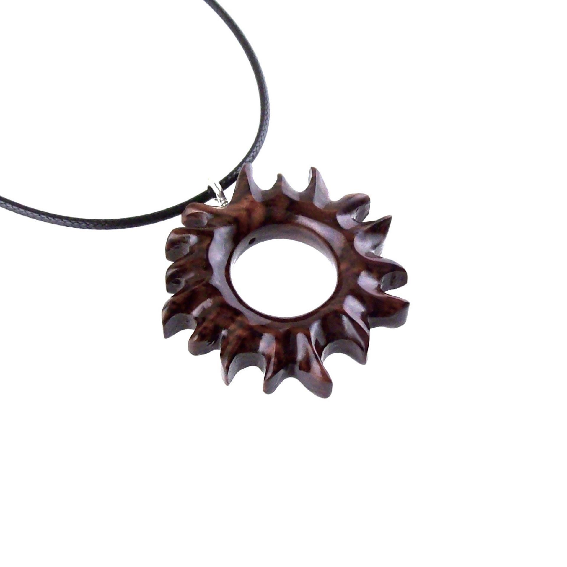 Hand Carved Sun Wooden Necklace, Celestial Sunburst Pendant, Solar Eclipse Wood Jewelry