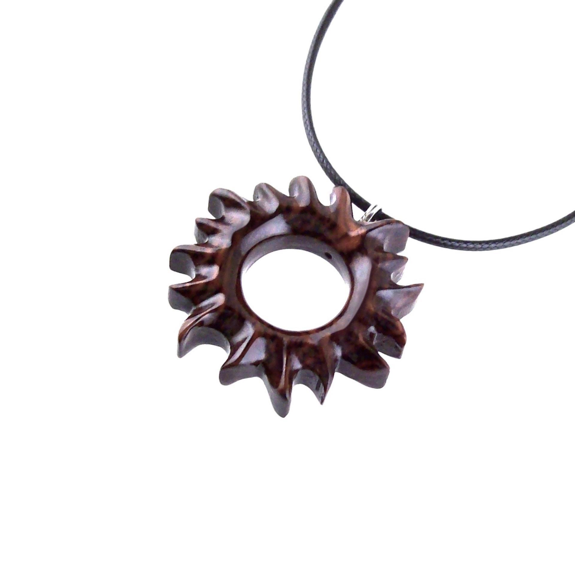 Hand Carved Sun Wooden Necklace, Celestial Sunburst Pendant, Solar Eclipse Wood Jewelry