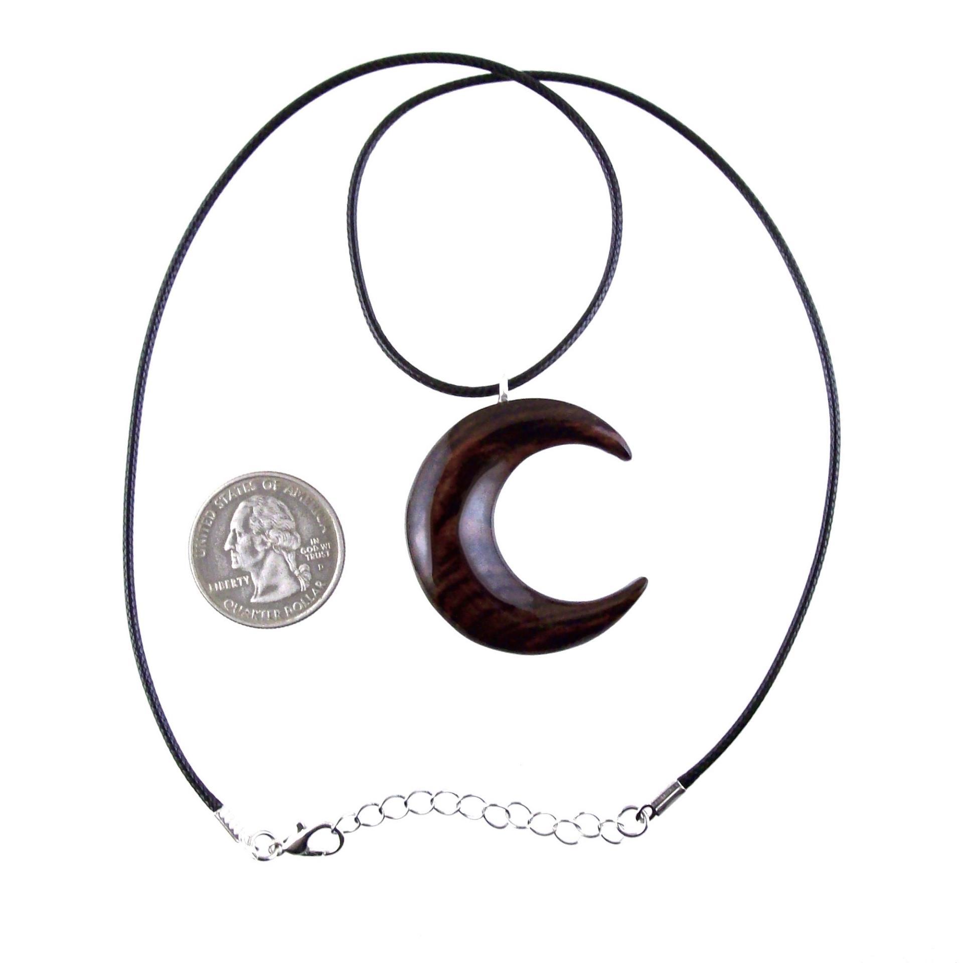 Hand Carved Wooden Crescent Moon Pendant Necklace, Handmade Celestial Wood Jewelry, One of a Kind Gift