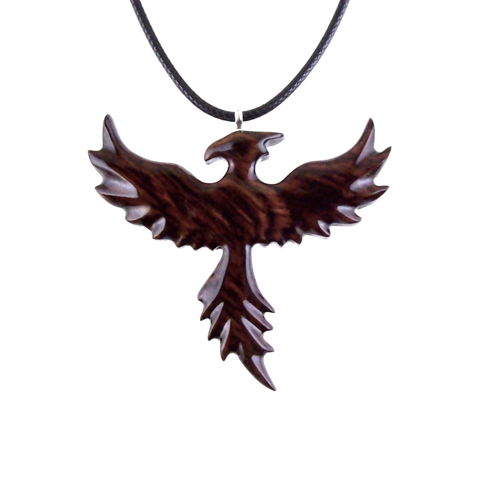 Hand Carved Phoenix Necklace, Wooden Rising Phoenix Pendant for Men or Women, Wood Firebird Necklace, Fantasy Inspirational Jewelry
