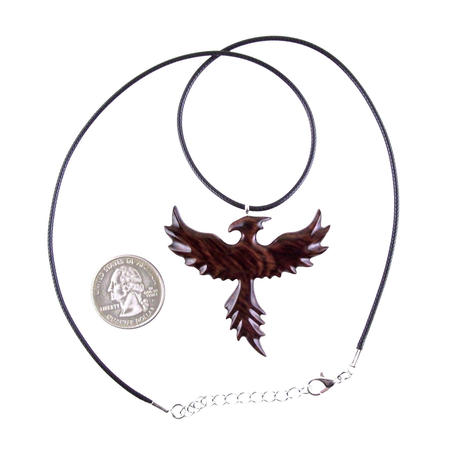 Hand Carved Phoenix Necklace, Wooden Rising Phoenix Pendant for Men or Women, Wood Firebird Necklace, Fantasy Inspirational Jewelry