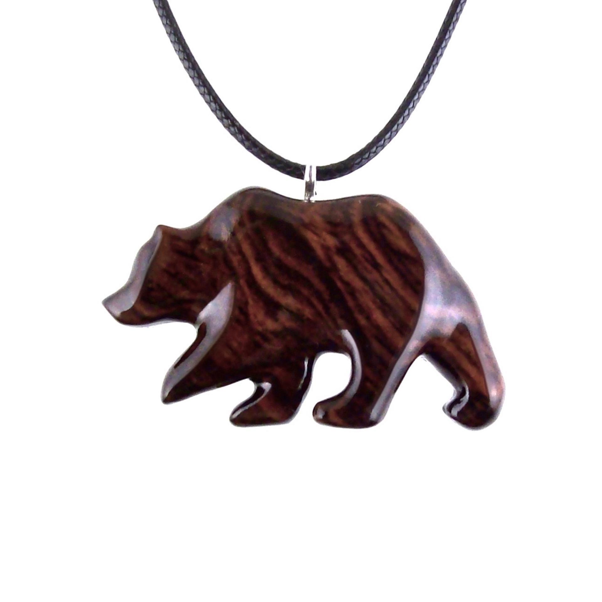 Wood Bear Necklace, Hand Carved Wooden Grizzly Bear Pendant for Men or Women, Spirit Animal Totem Jewelry Gift for Him Her