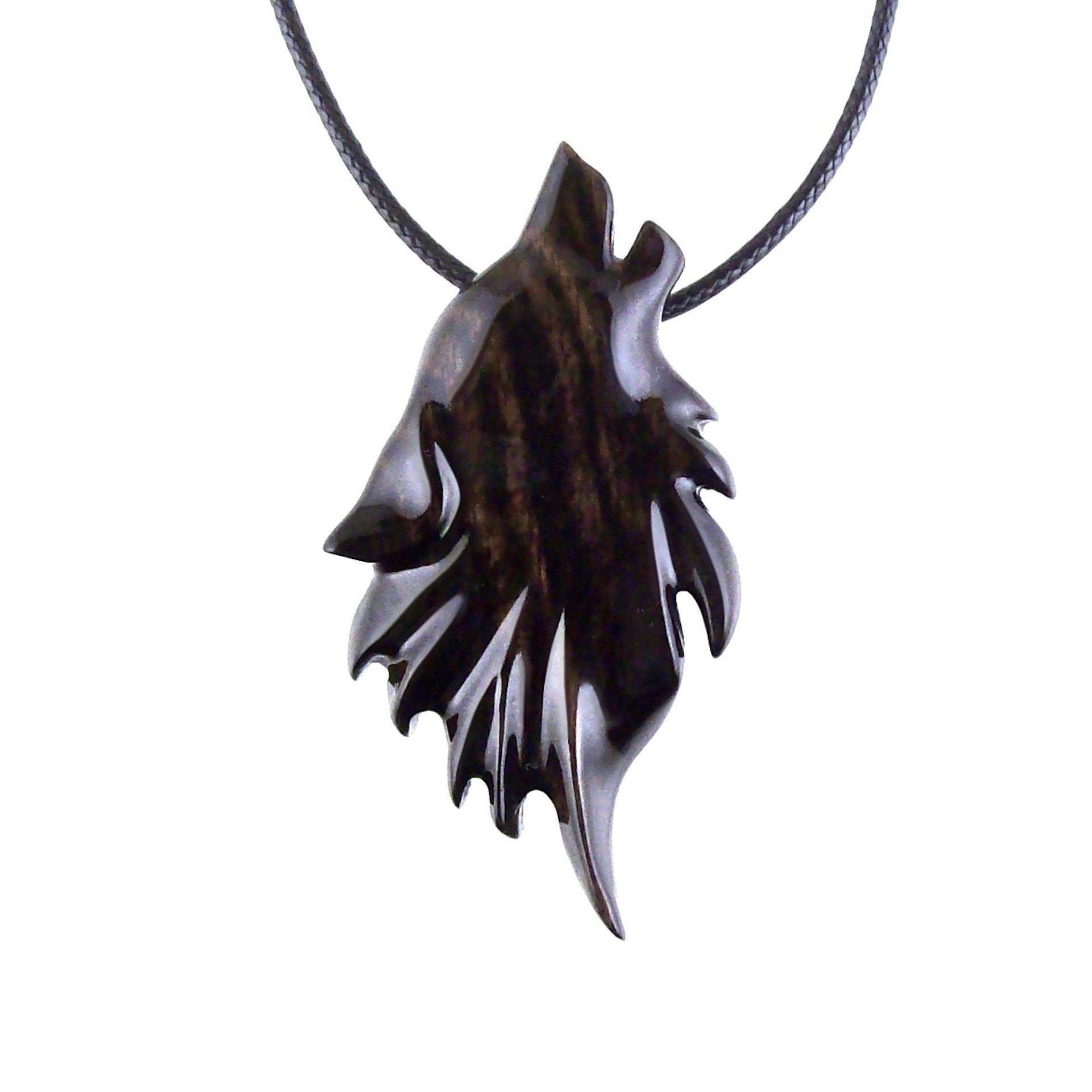 Wolf Wooden Necklace, Hand Carved Wood Wolf Head Pendant, Spirit Animal Totem, Woodland Jewelry in Black with Brown Streaks