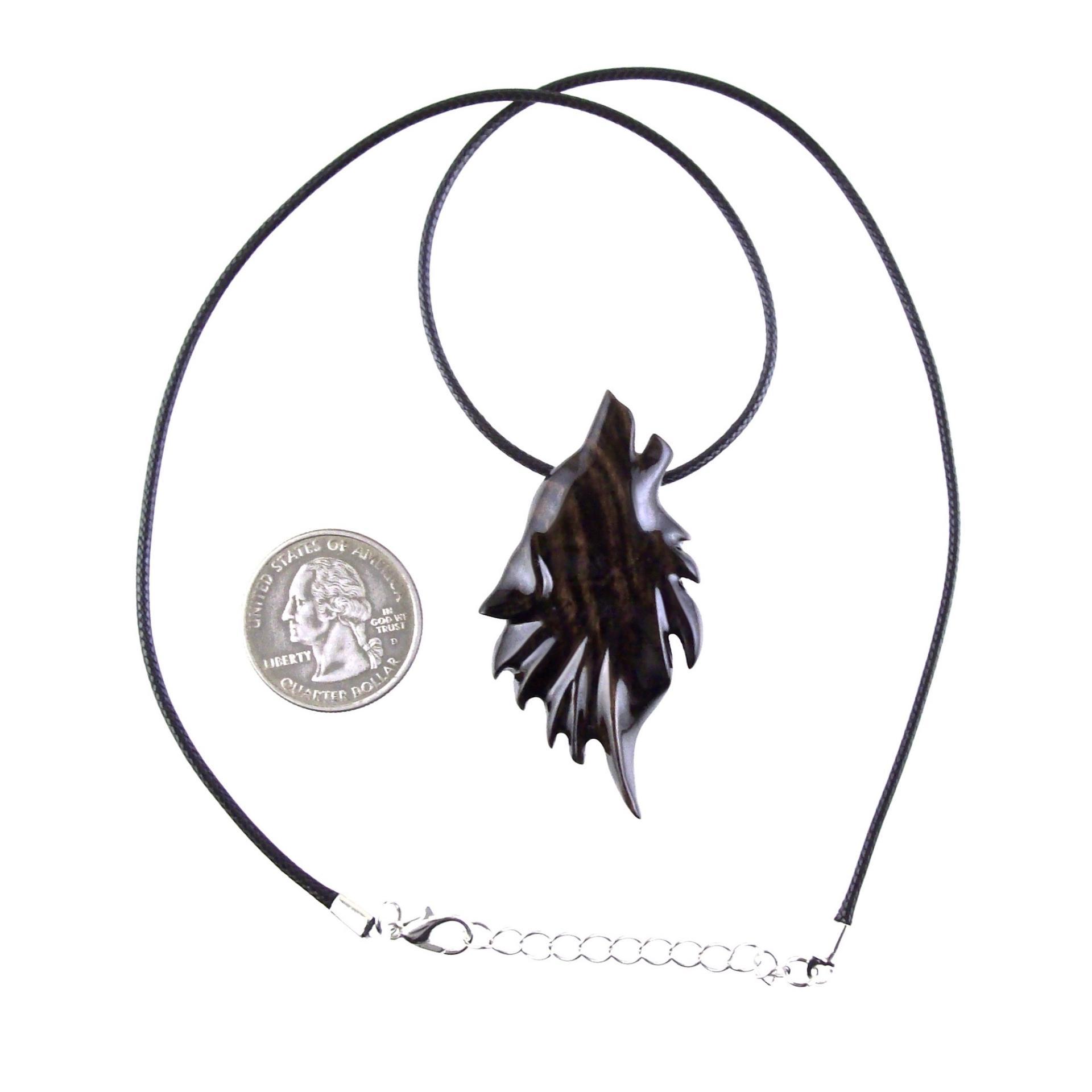 Wolf Wooden Necklace, Hand Carved Wood Wolf Head Pendant, Spirit Animal Totem, Woodland Jewelry in Black with Brown Streaks