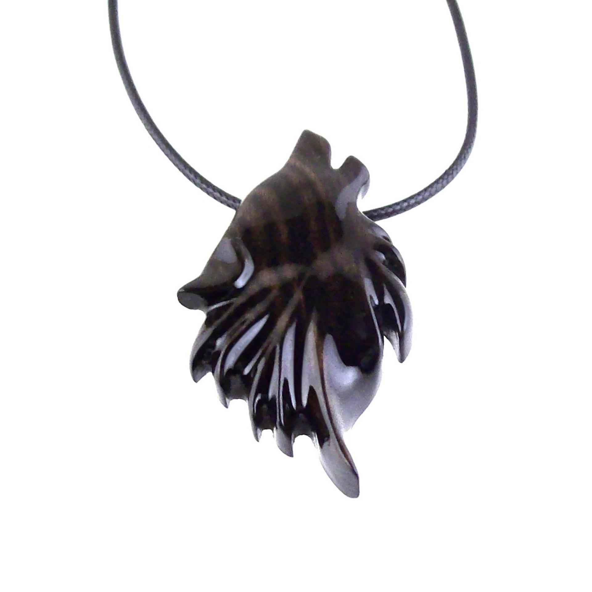 Wolf Wooden Necklace, Hand Carved Wood Wolf Head Pendant, Spirit Animal Totem, Woodland Jewelry in Black with Brown Streaks